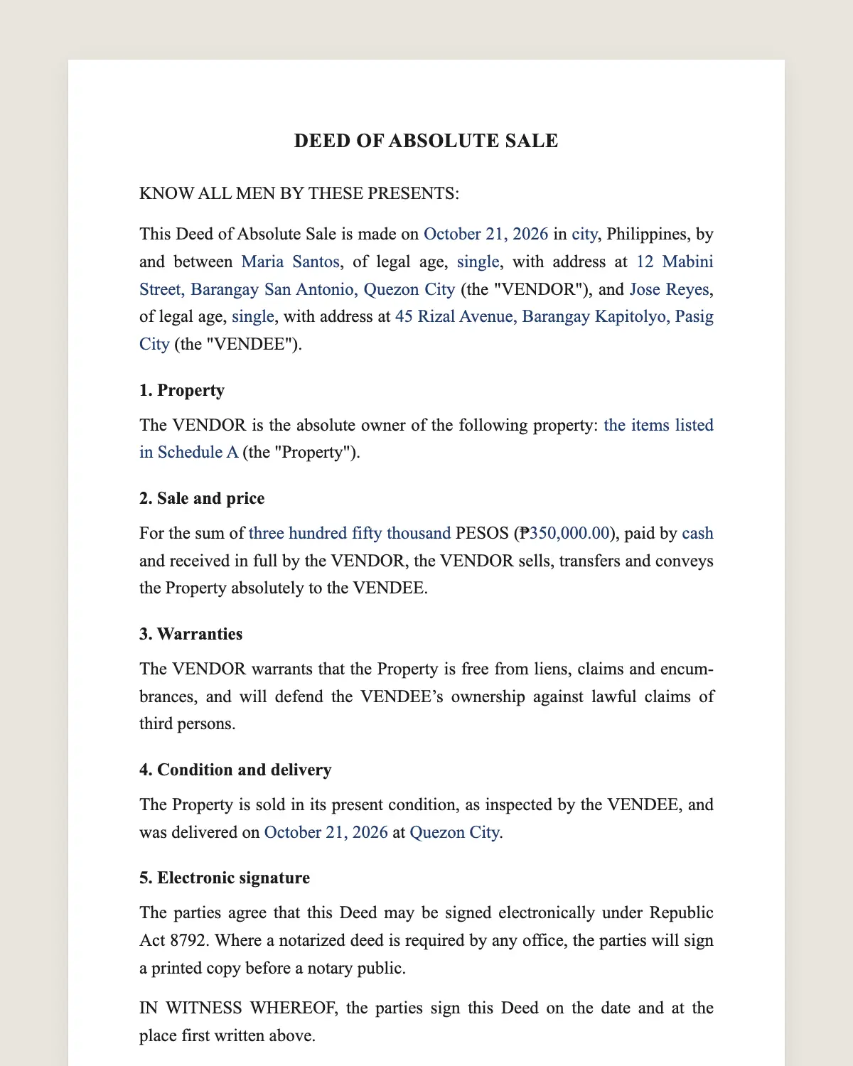 Deed of absolute sale example, filled in with sample data