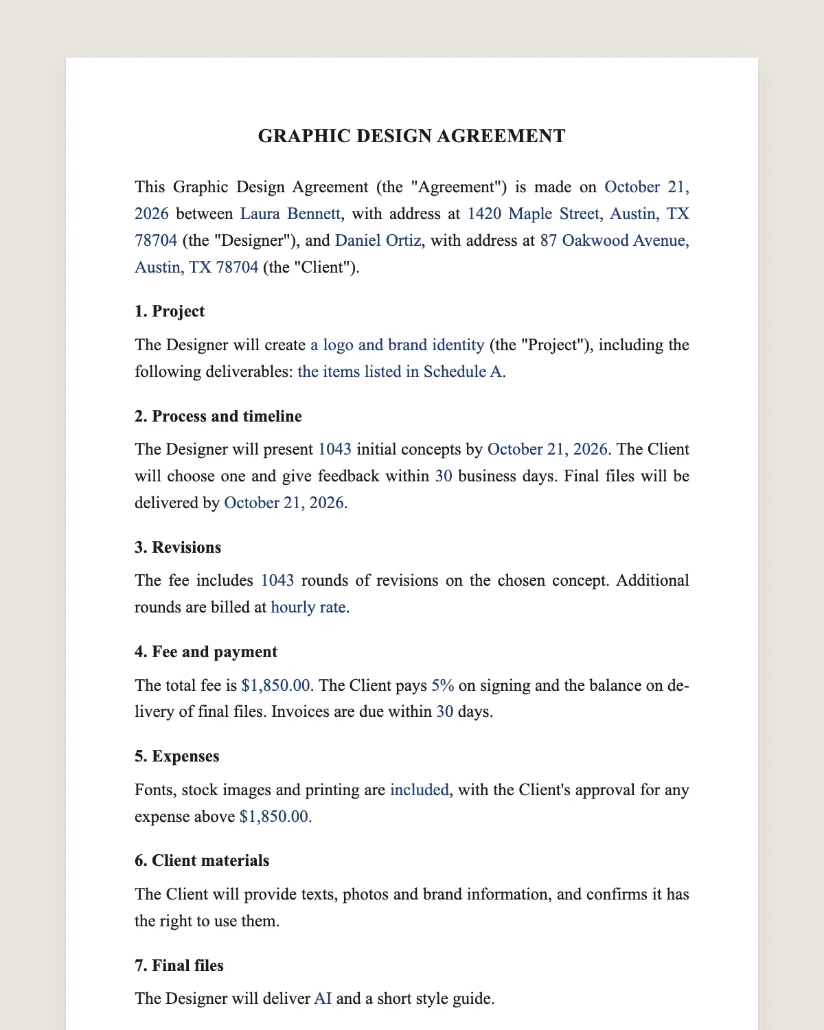 Graphic design contract example, filled in with sample data