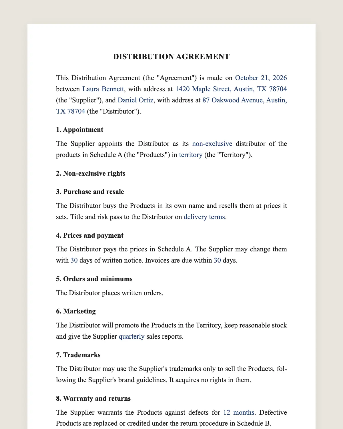 Distribution agreement example, filled in with sample data