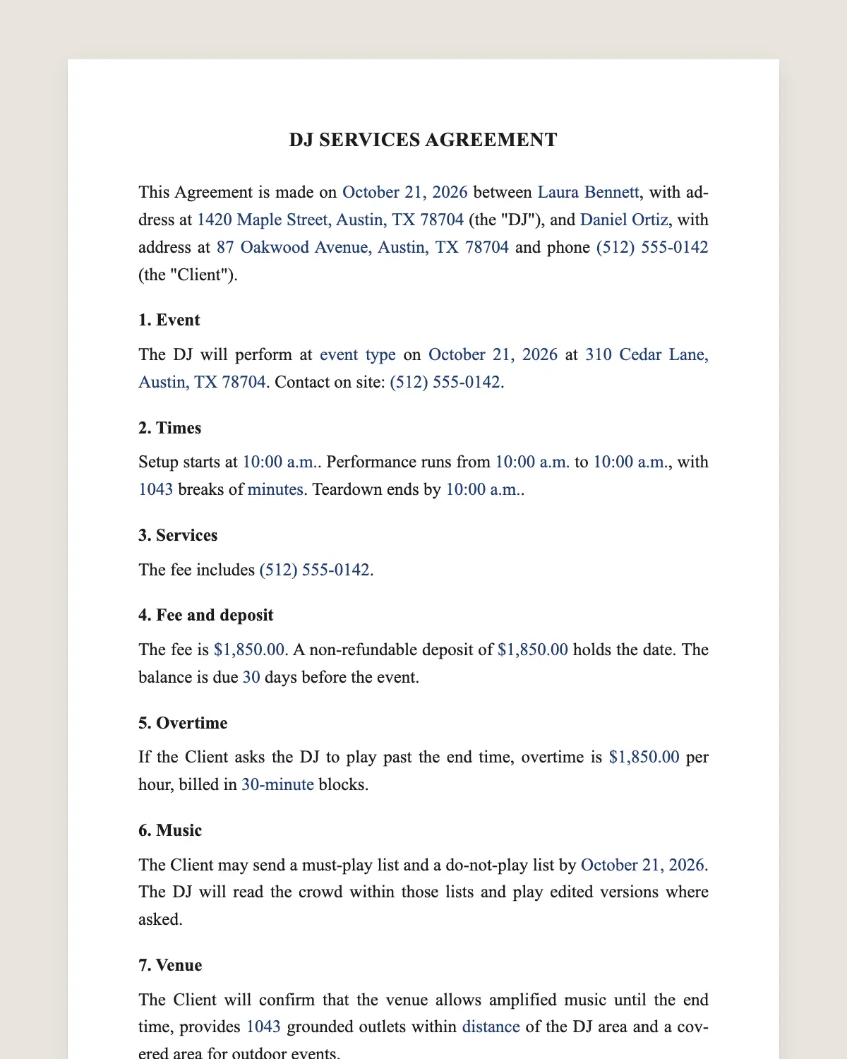 DJ contract example, filled in with sample data