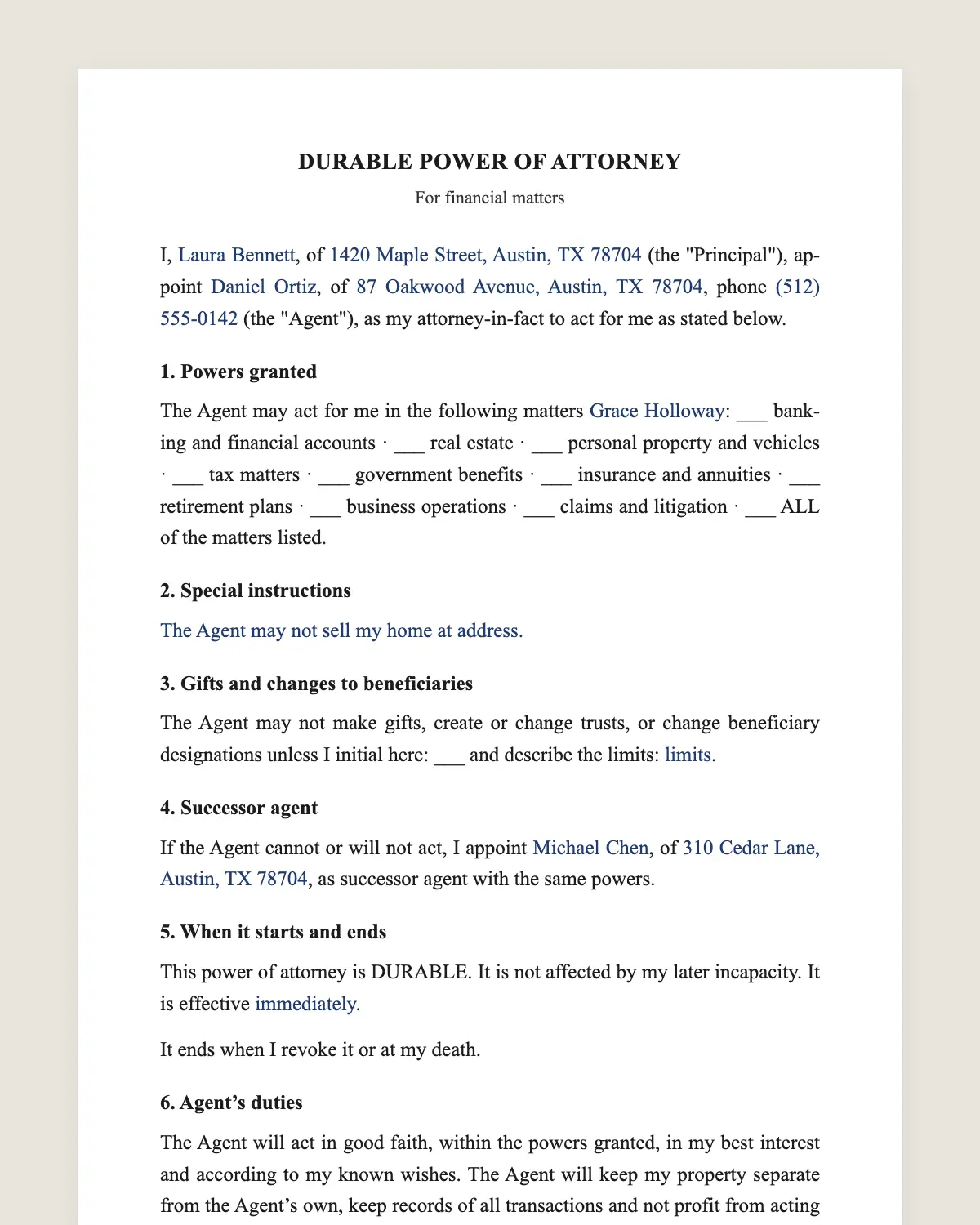 Durable power of attorney example, filled in with sample data