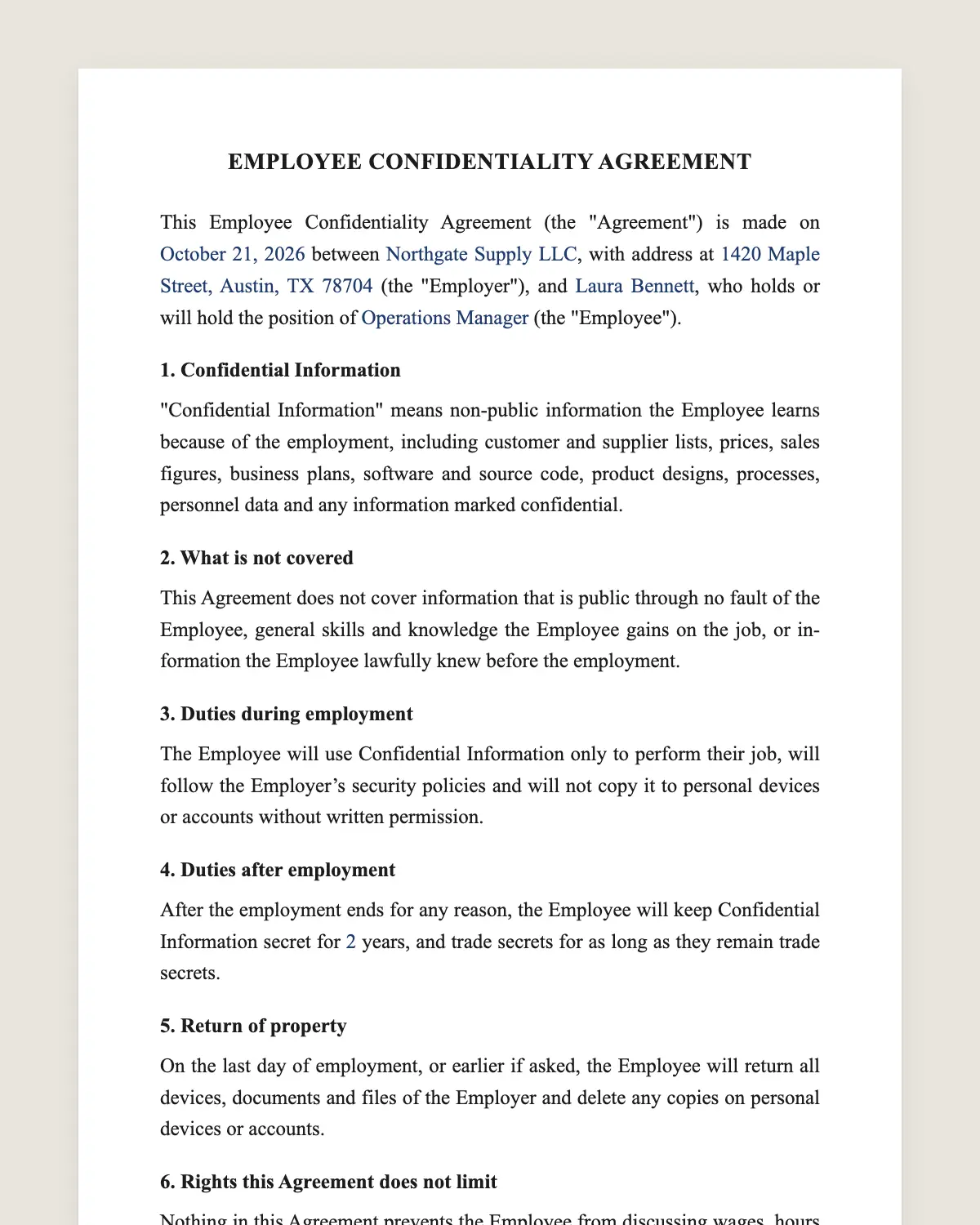 Employee confidentiality agreement example, filled in with sample data