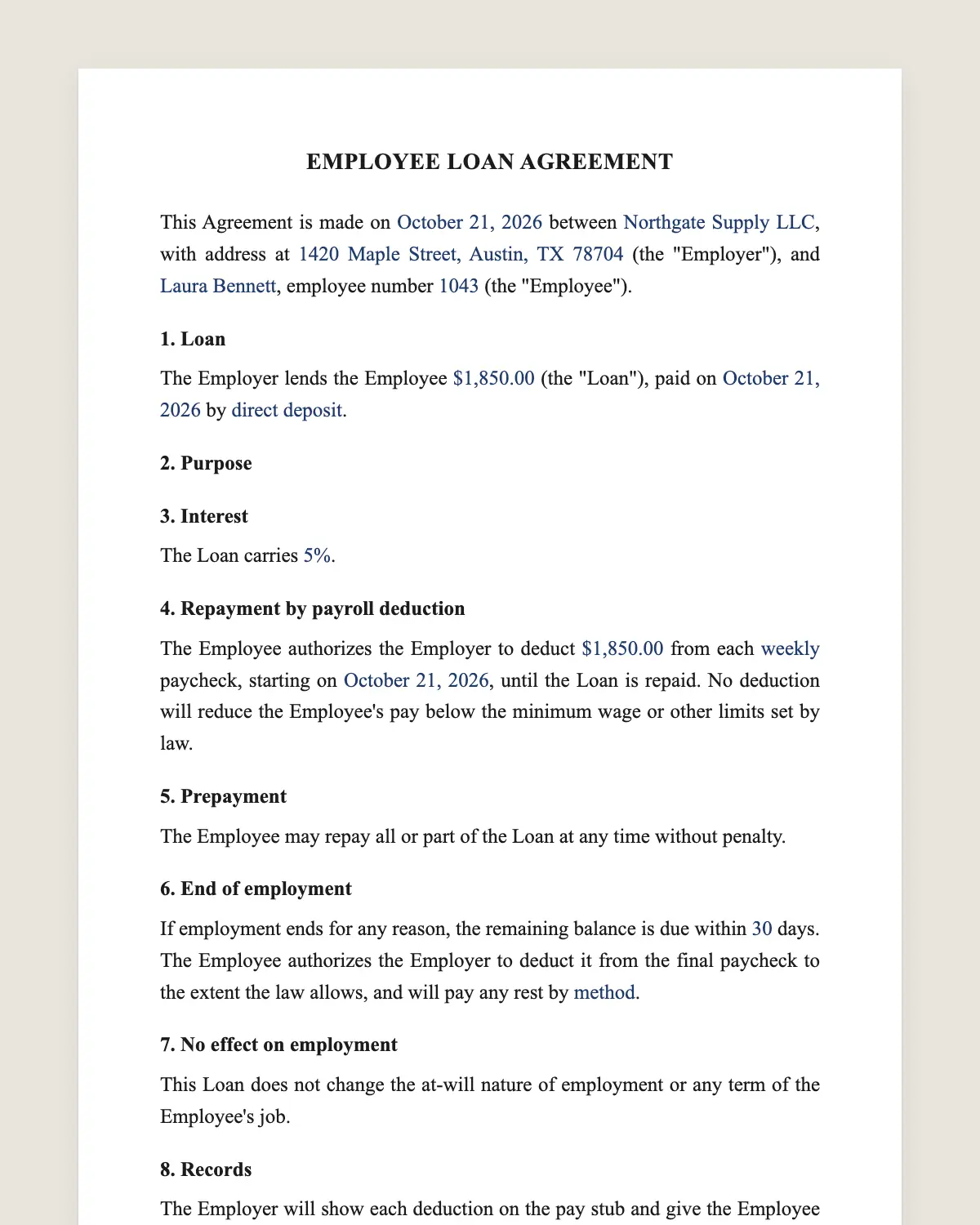 Employee loan agreement example, filled in with sample data