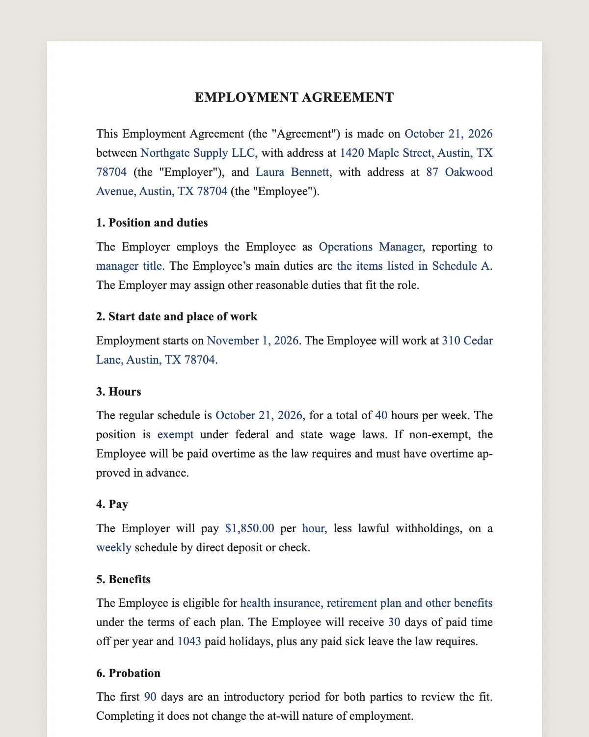 Employment contract example, filled in with sample data