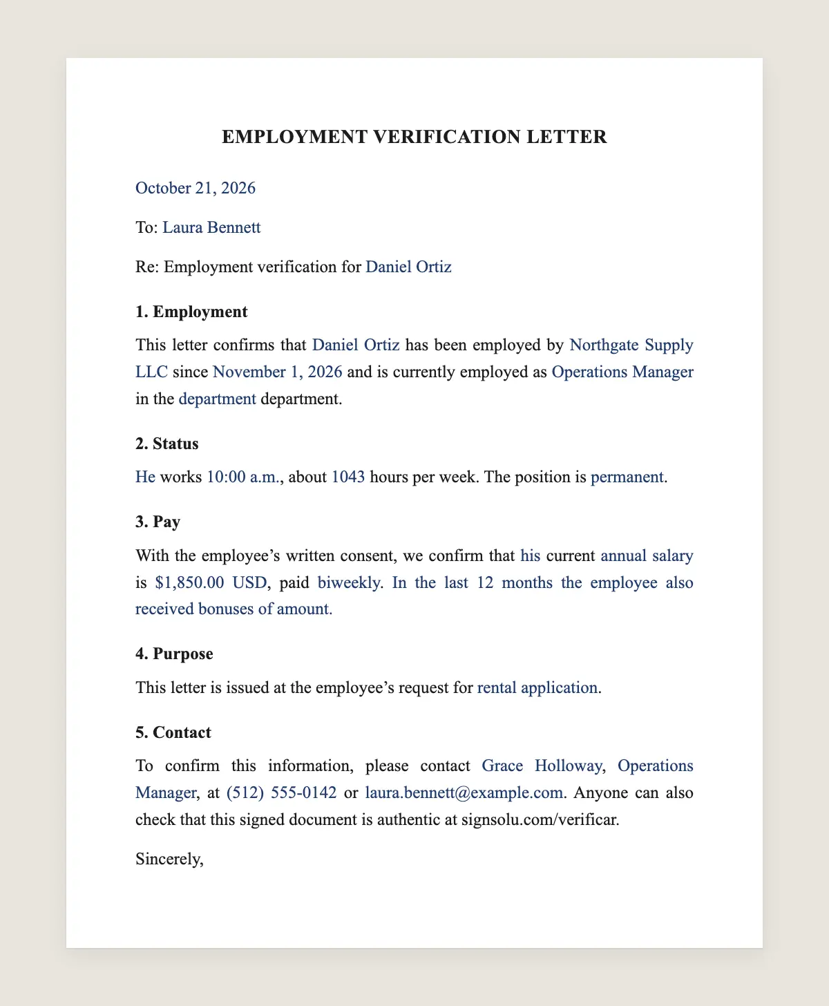 Employment letter example, filled in with sample data