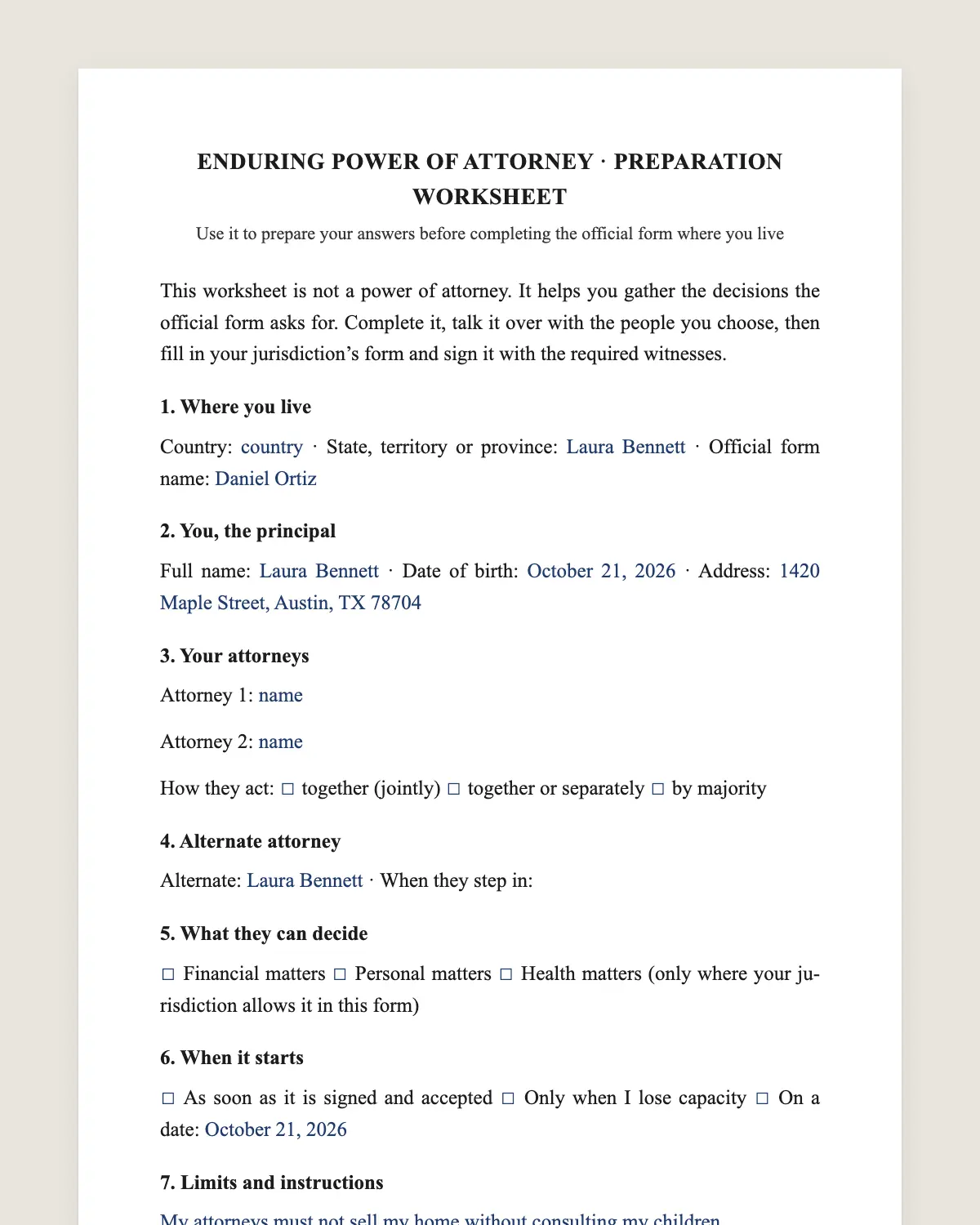 Enduring power of attorney worksheet example, filled in with sample data