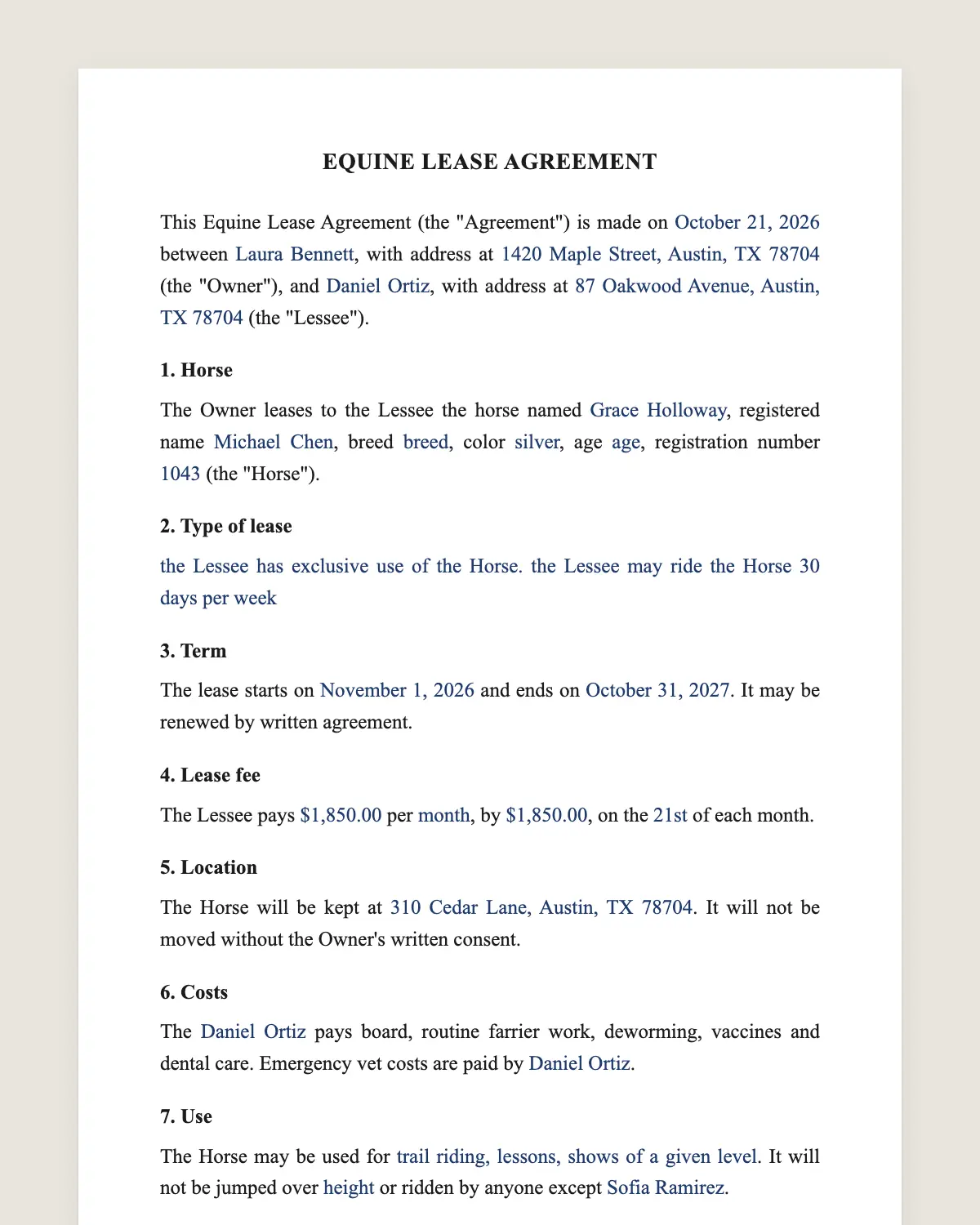 Equine lease agreement example, filled in with sample data