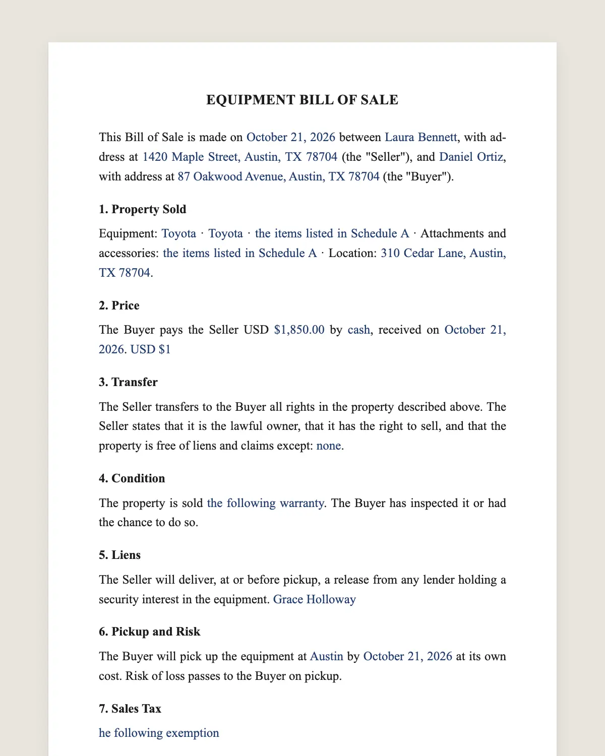 Equipment bill of sale example, filled in with sample data