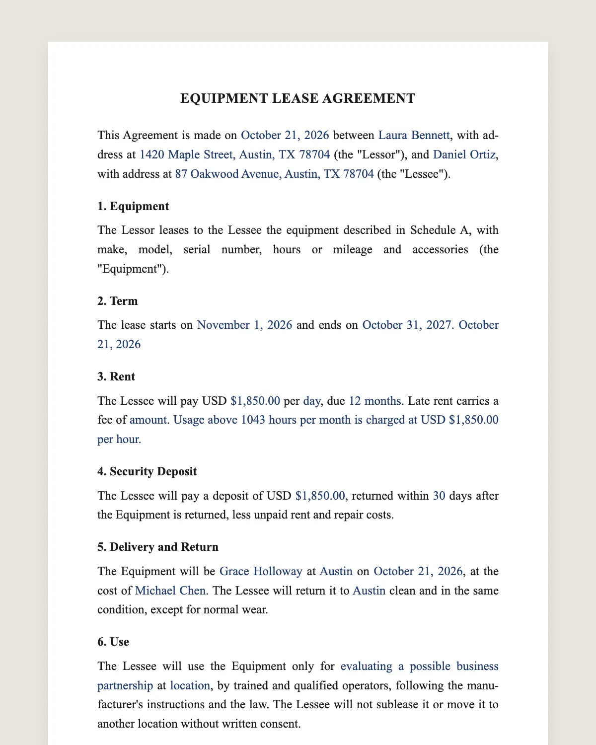Equipment lease agreement example, filled in with sample data