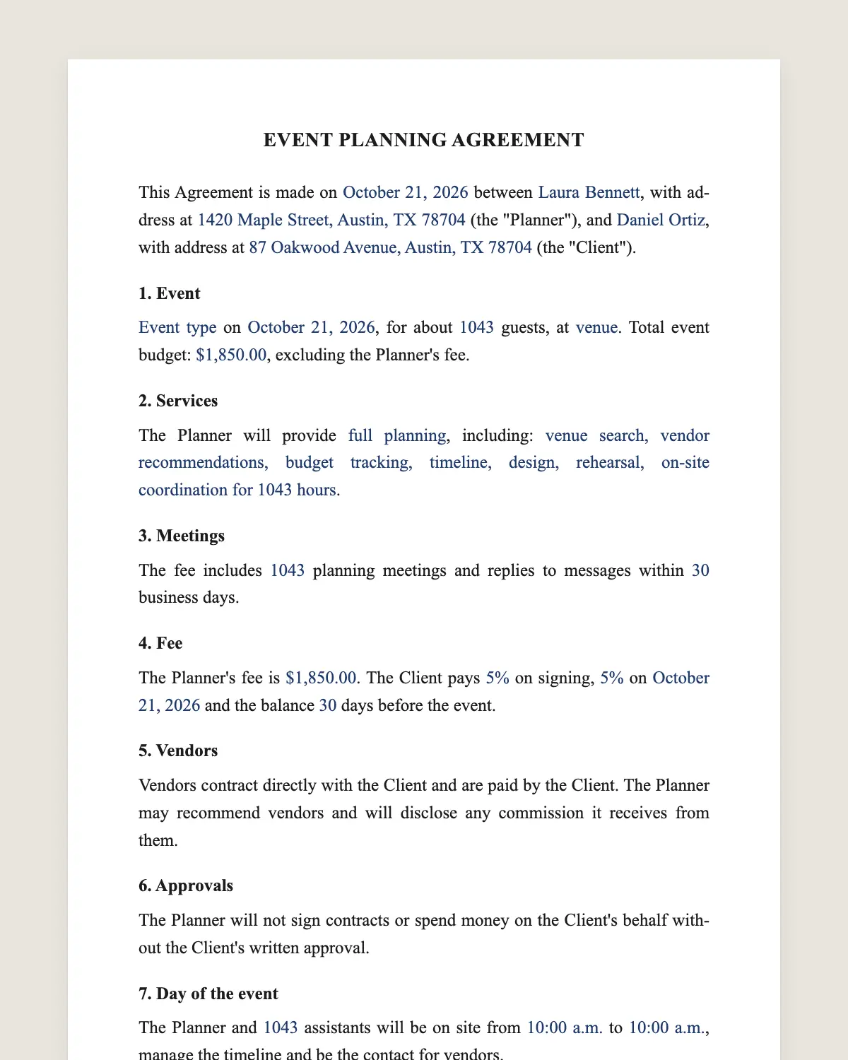 Event planner contract example, filled in with sample data