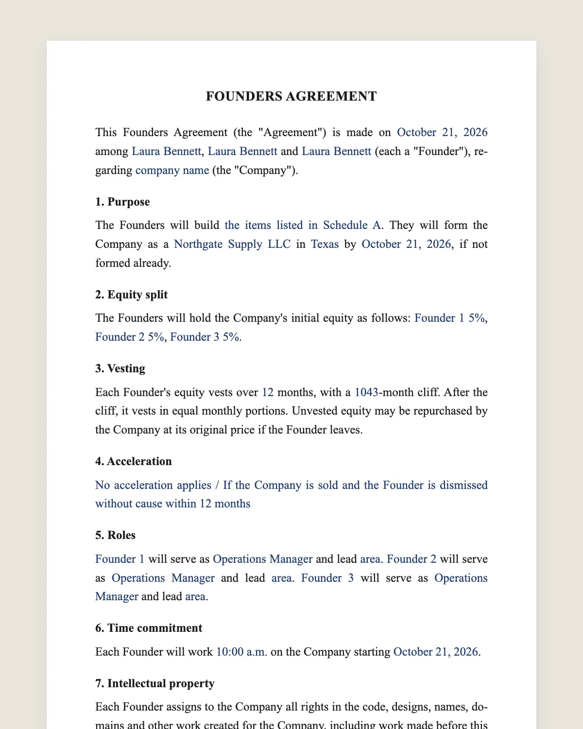 Founders agreement example, filled in with sample data