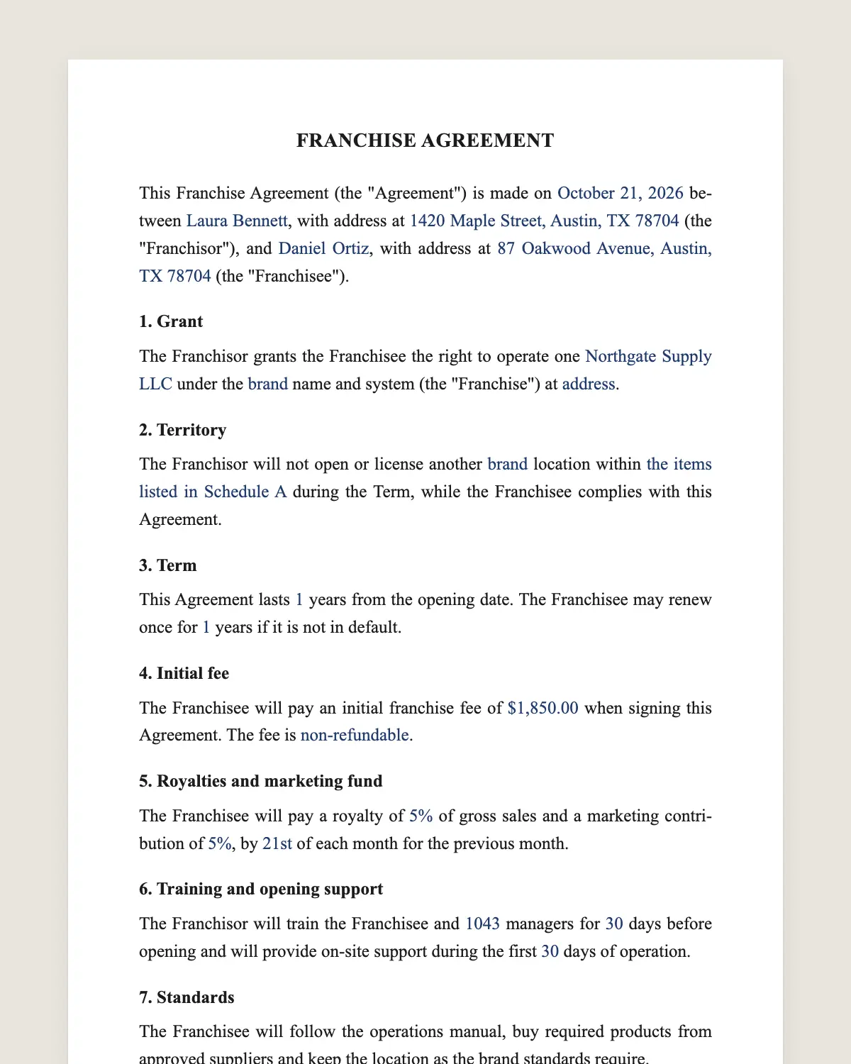 Franchise agreement example, filled in with sample data