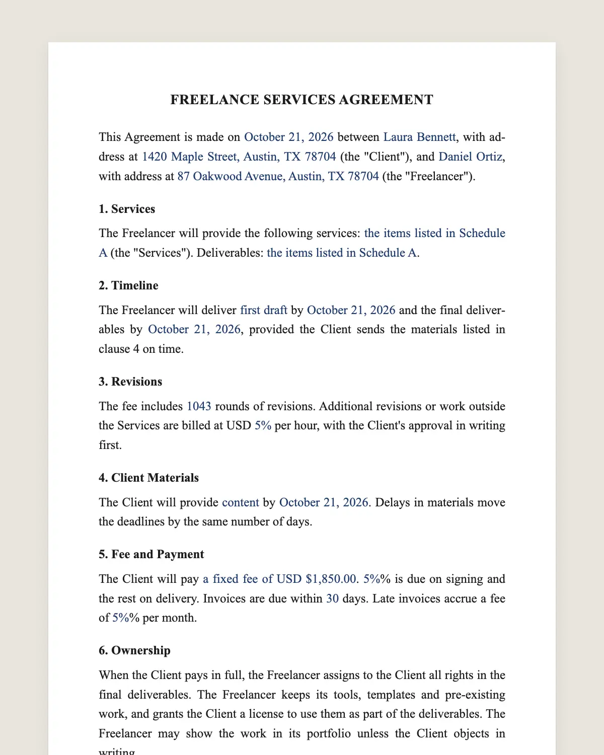 Freelance contract example, filled in with sample data