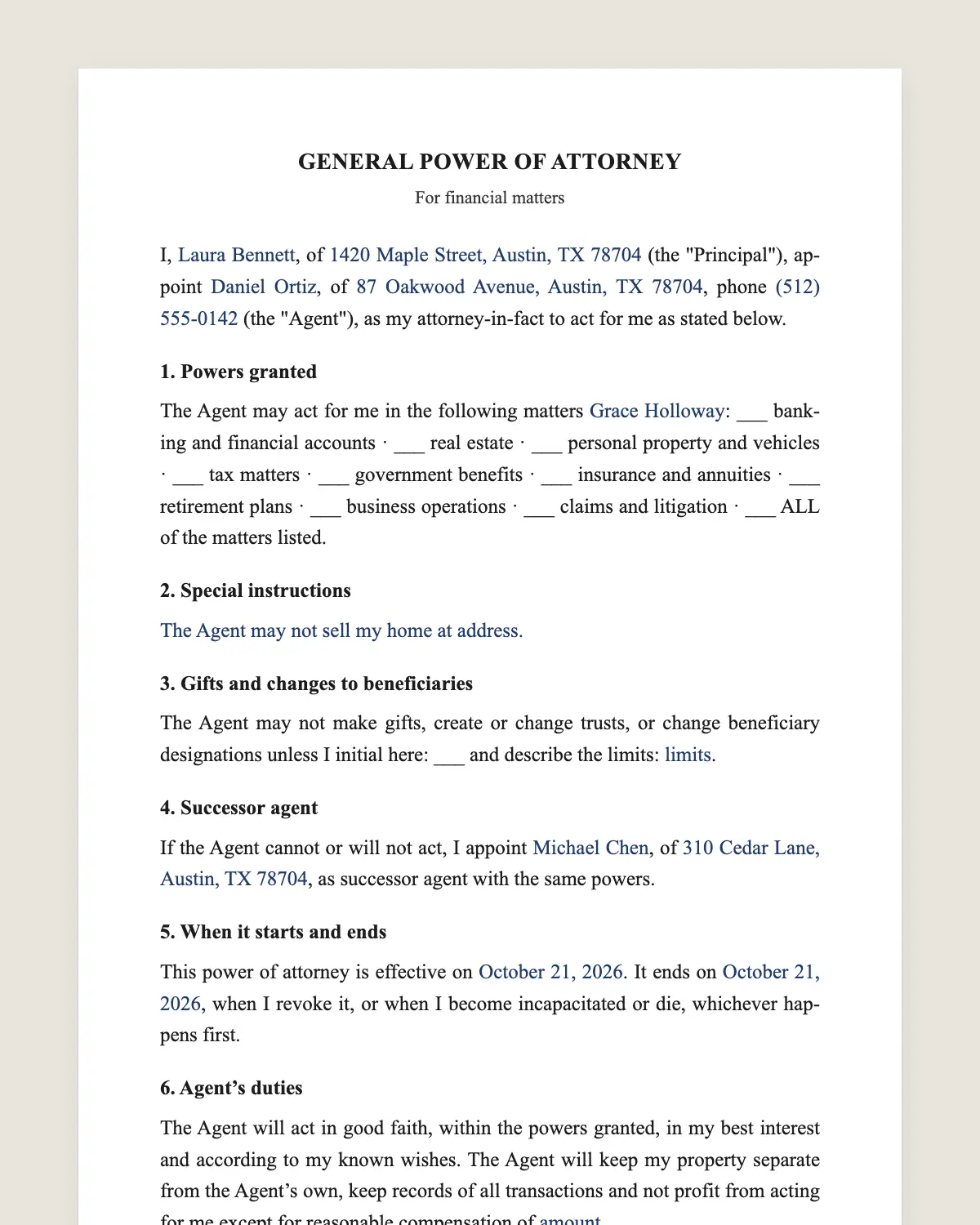 General power of attorney example, filled in with sample data