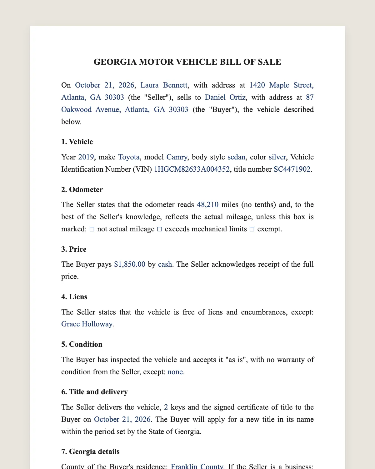 Georgia bill of sale example, filled in with sample data