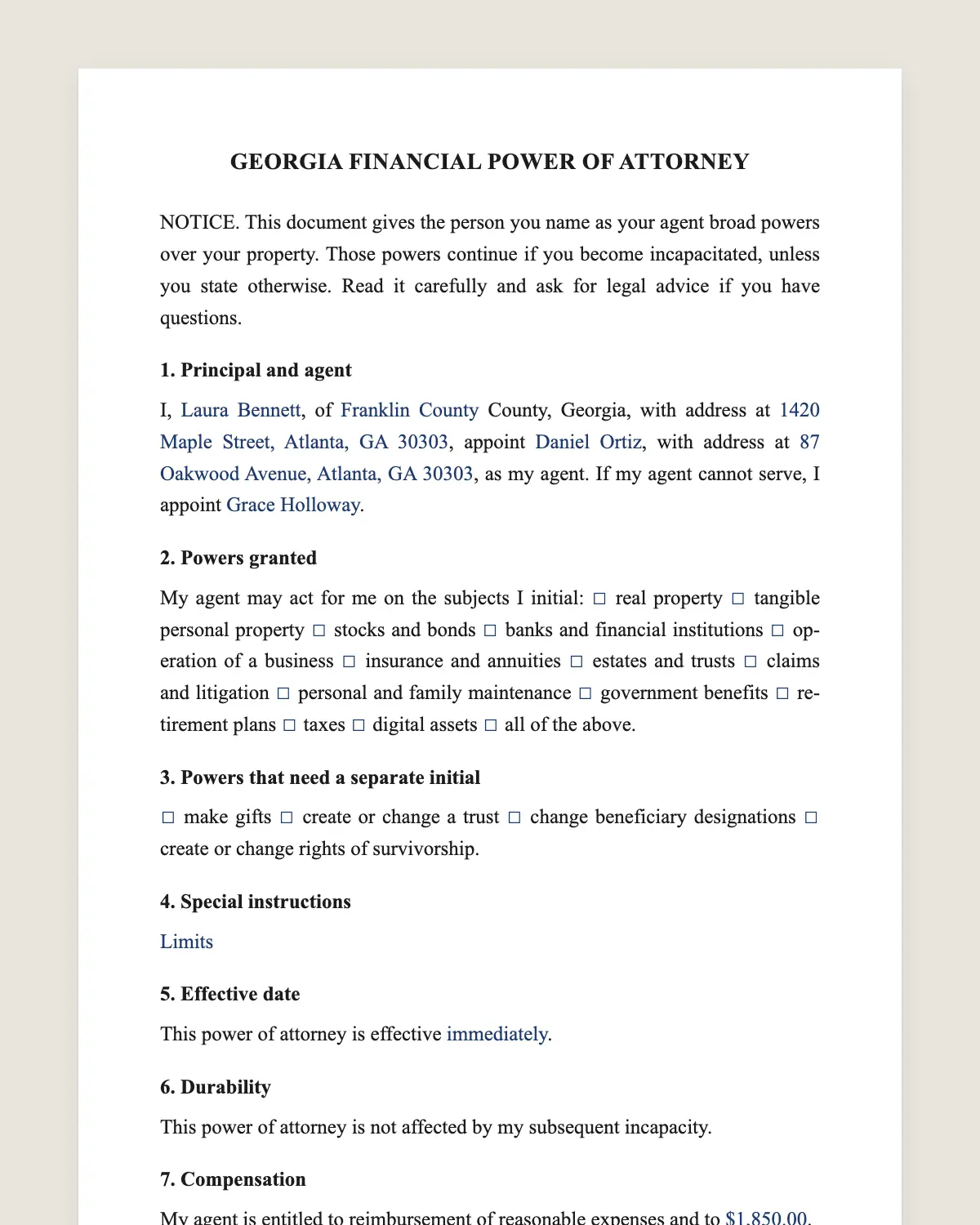 Georgia power of attorney example, filled in with sample data