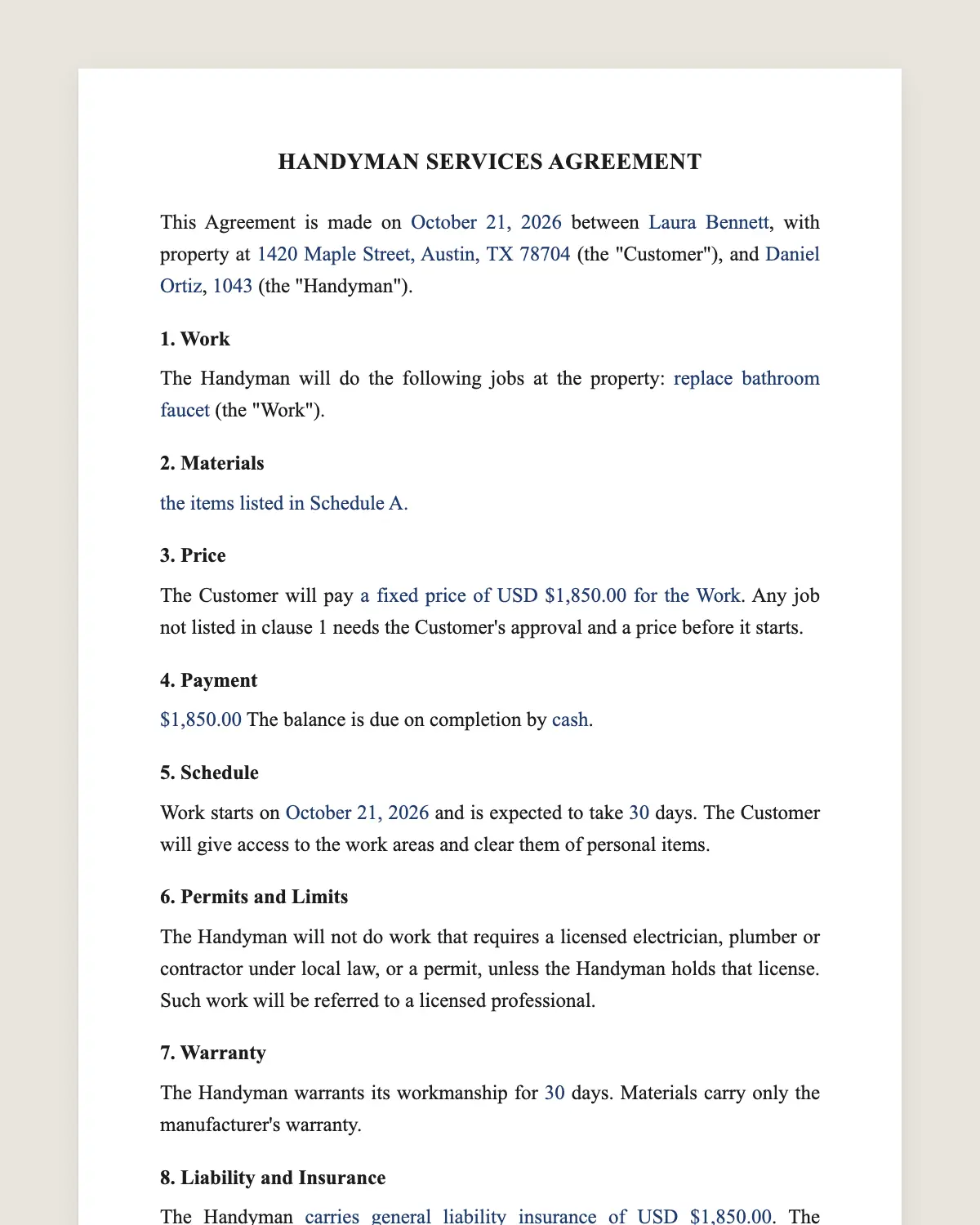Handyman contract example, filled in with sample data