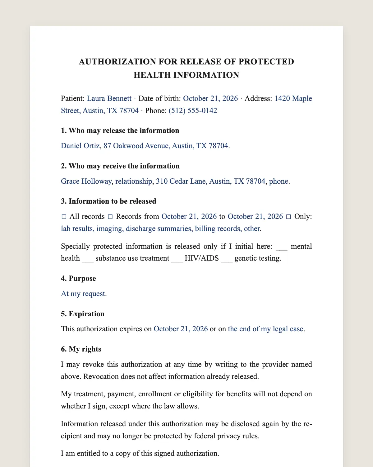 HIPAA authorization example, filled in with sample data