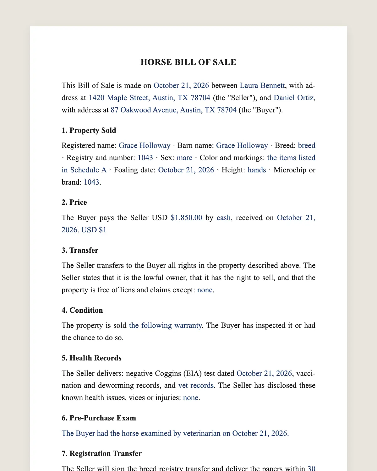 Horse bill of sale example, filled in with sample data