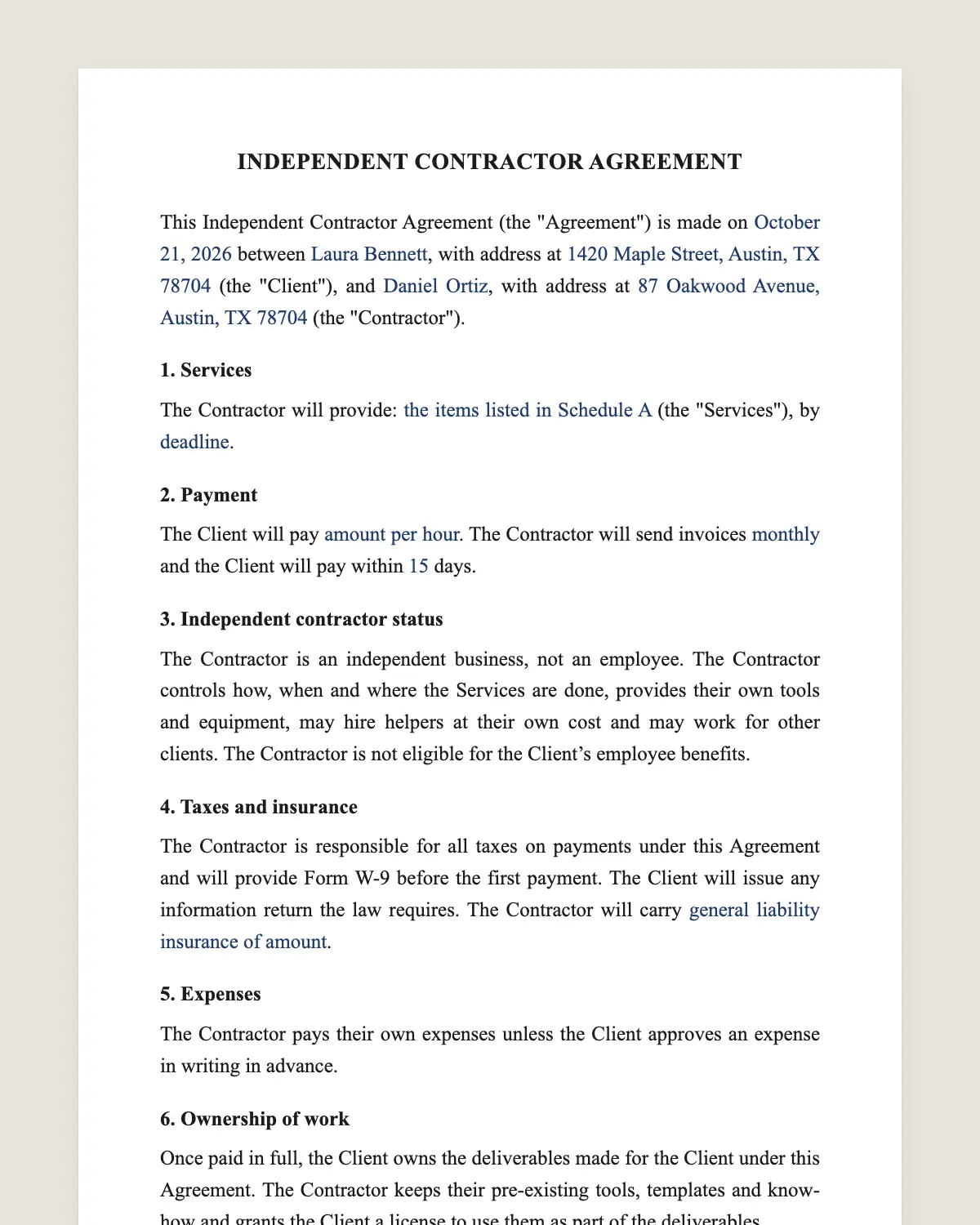 Independent contractor agreement example, filled in with sample data