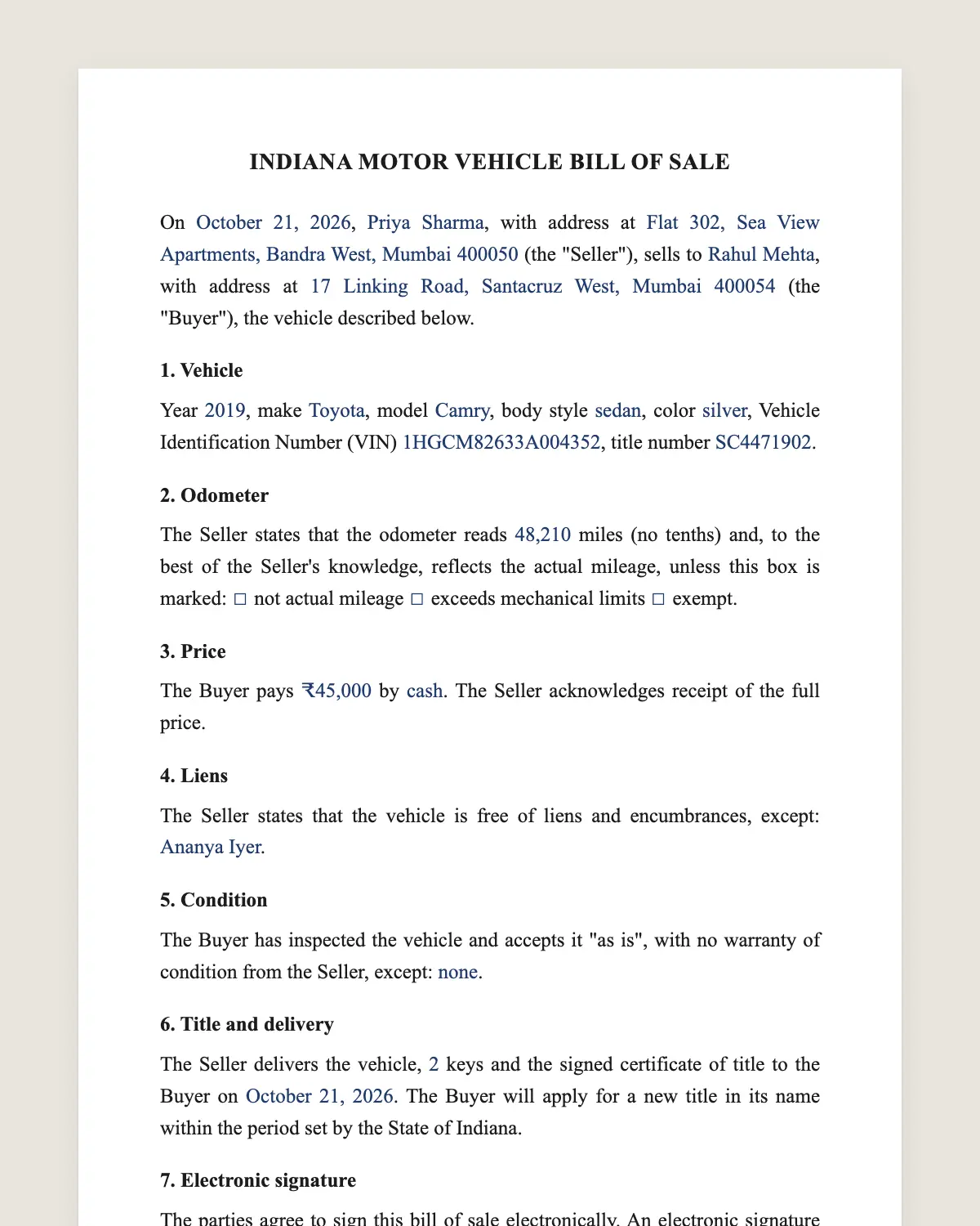 Indiana bill of sale example, filled in with sample data