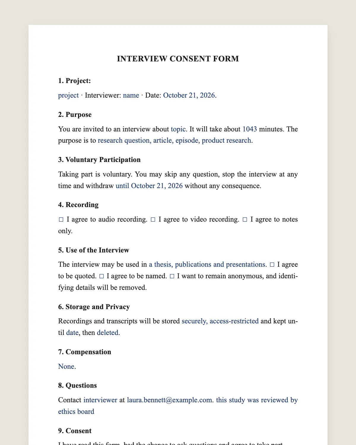 Interview consent form example, filled in with sample data