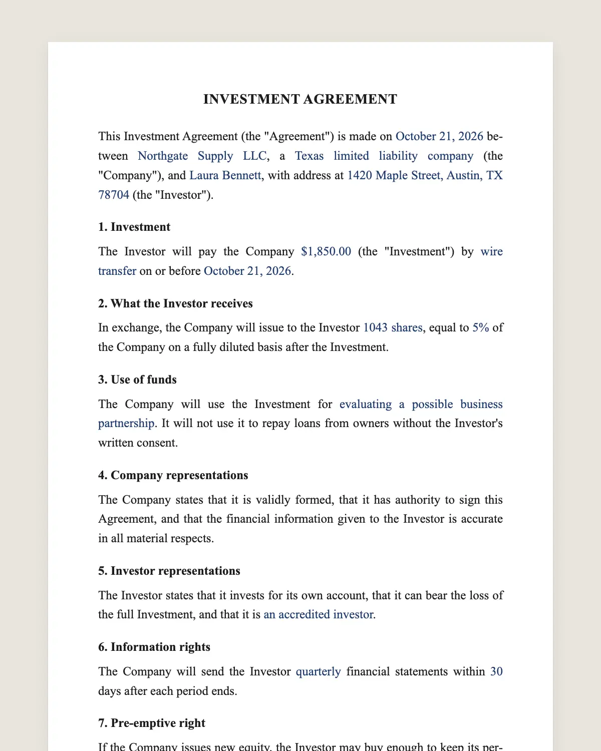 Investment contract example, filled in with sample data