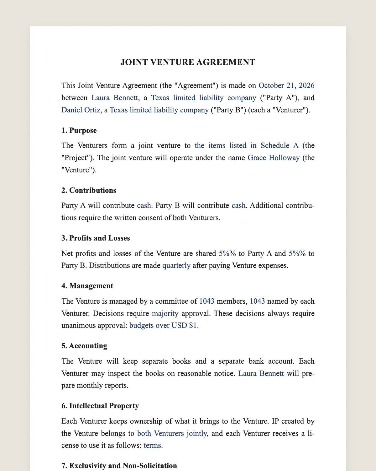 Joint venture agreement example, filled in with sample data