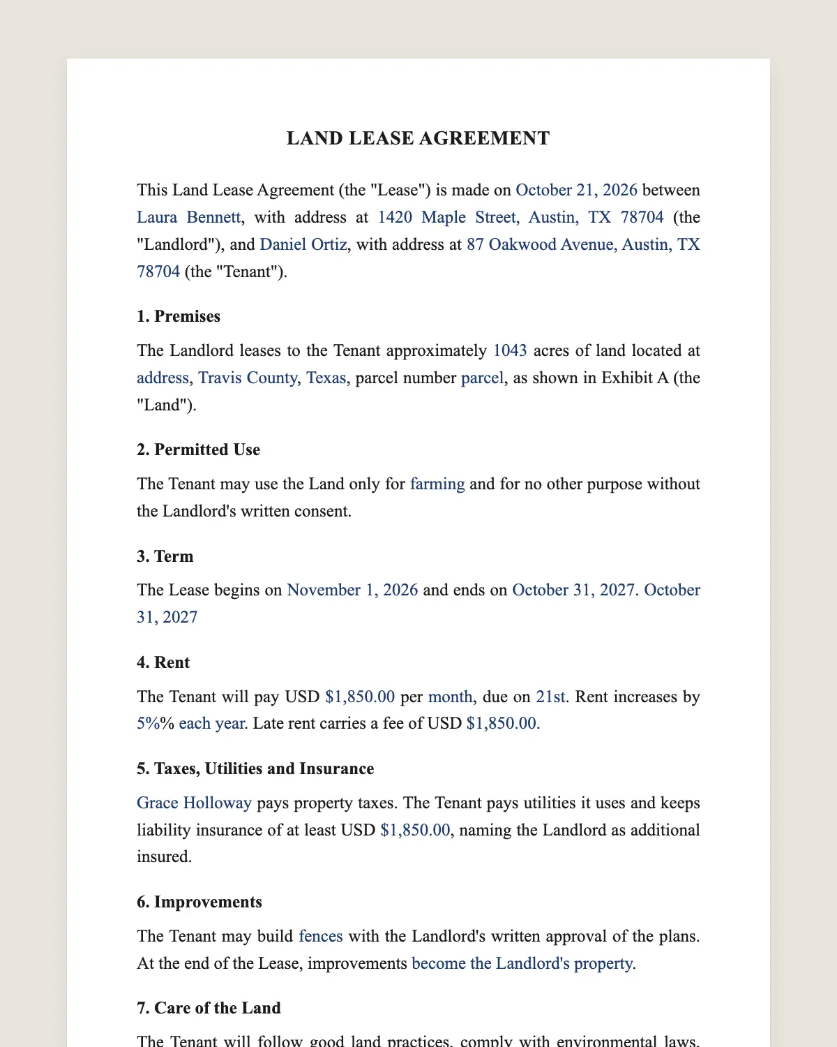 Land lease agreement example, filled in with sample data
