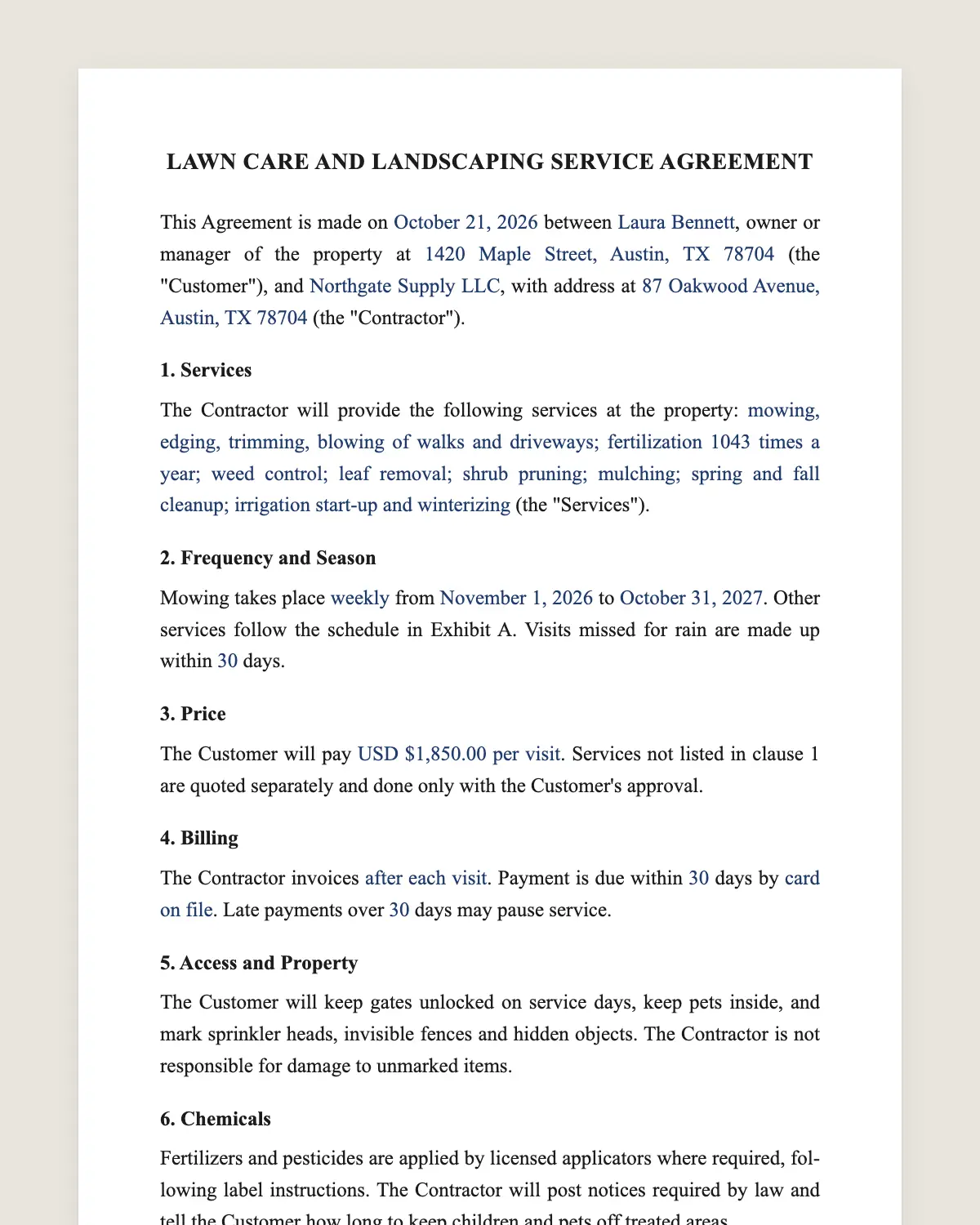 Lawn care contract example, filled in with sample data