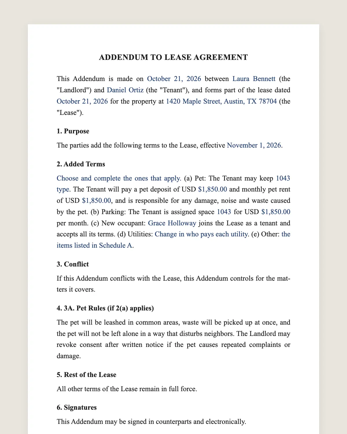 Lease addendum example, filled in with sample data