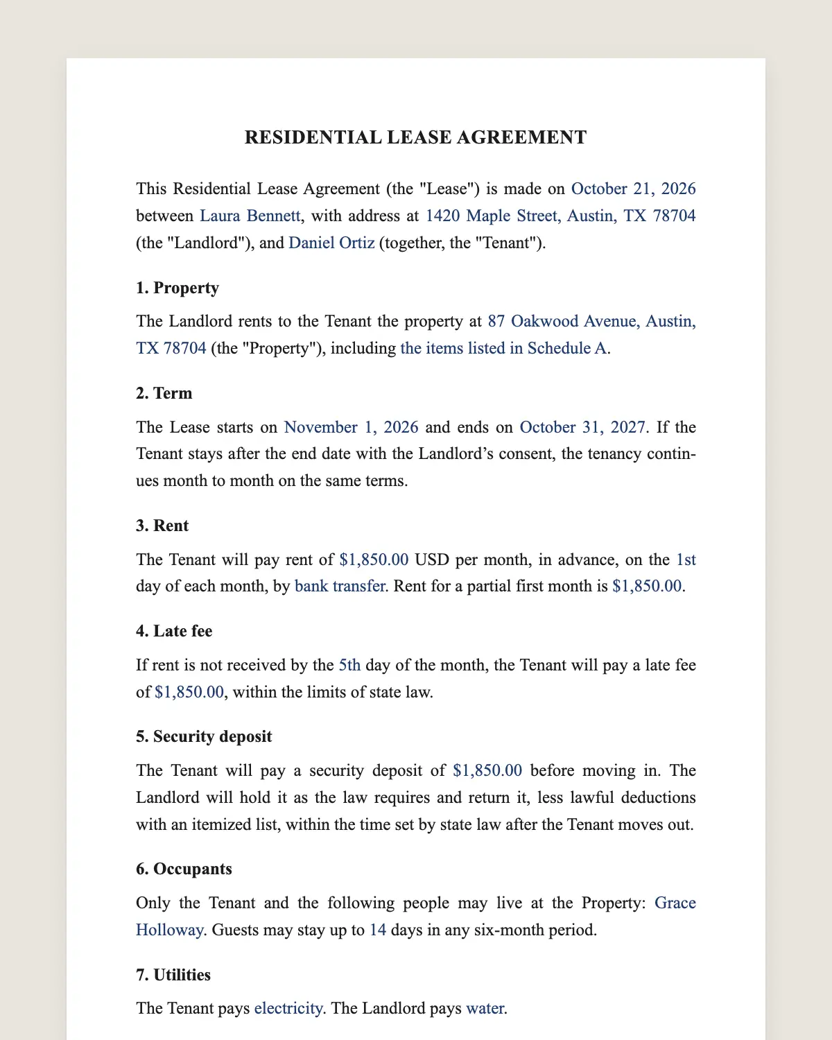 Lease agreement example, filled in with sample data