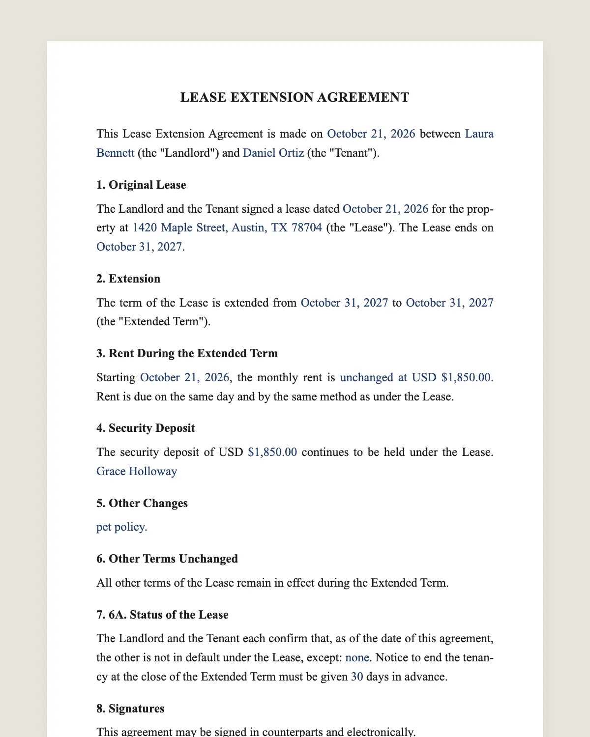 Lease extension agreement example, filled in with sample data
