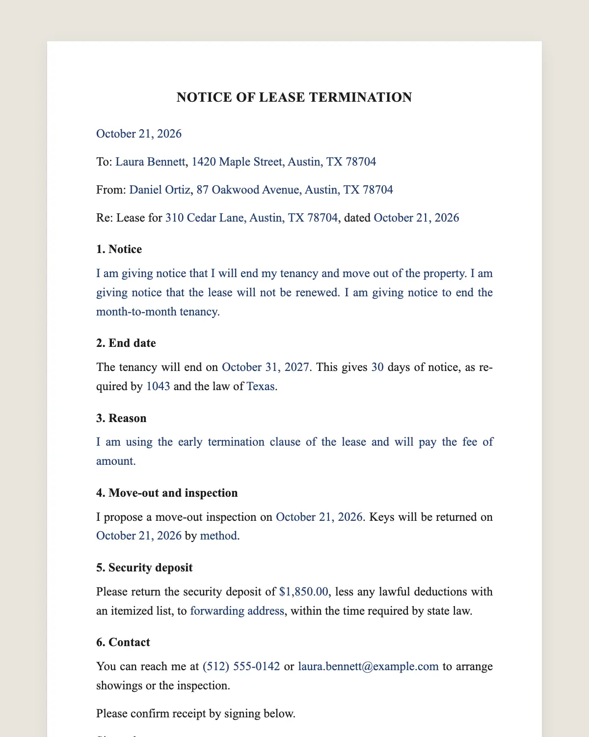 Lease termination letter example, filled in with sample data