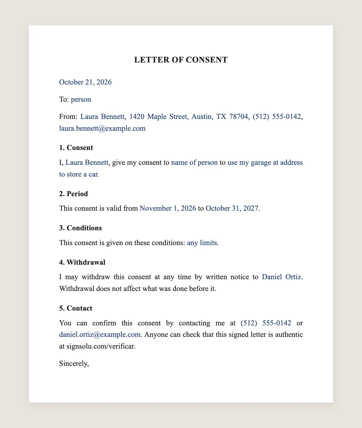 Letter of consent example, filled in with sample data