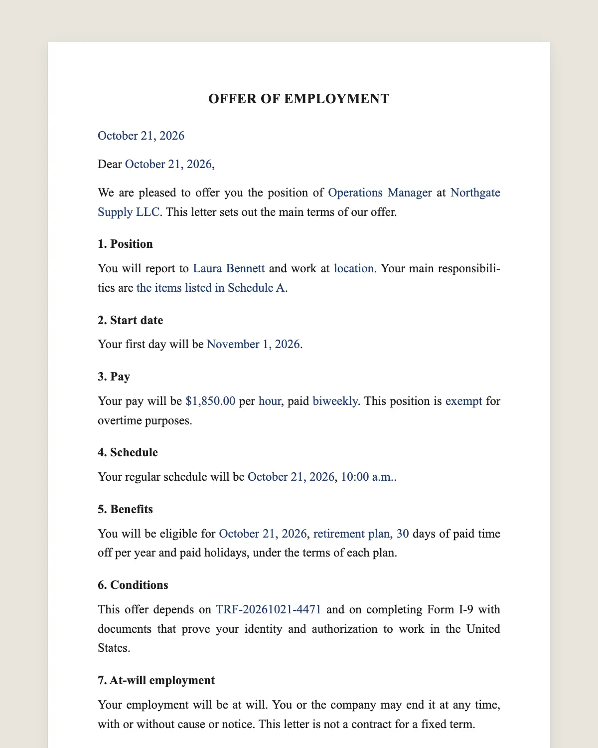 Offer letter example, filled in with sample data