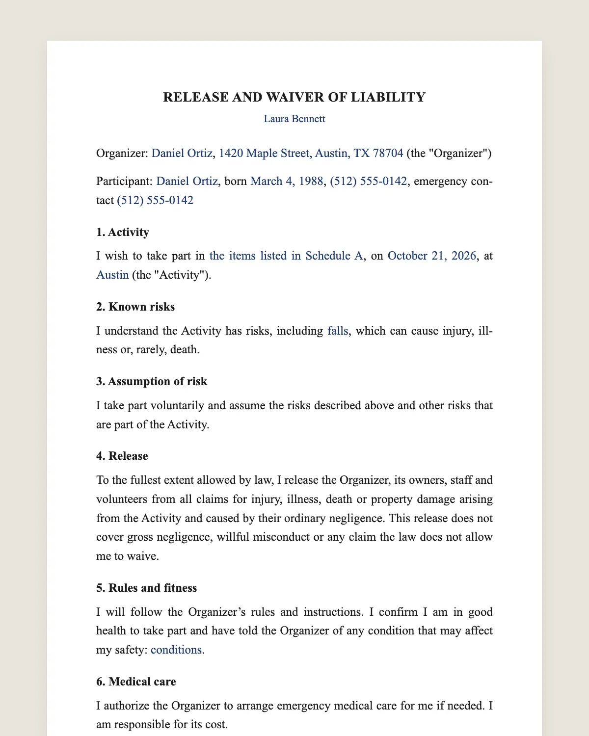 Liability waiver example, filled in with sample data