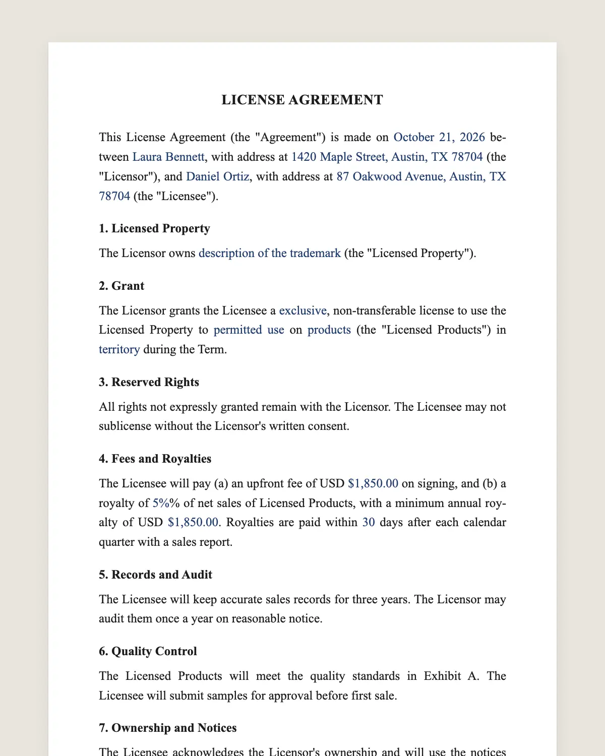 Licensing agreement example, filled in with sample data