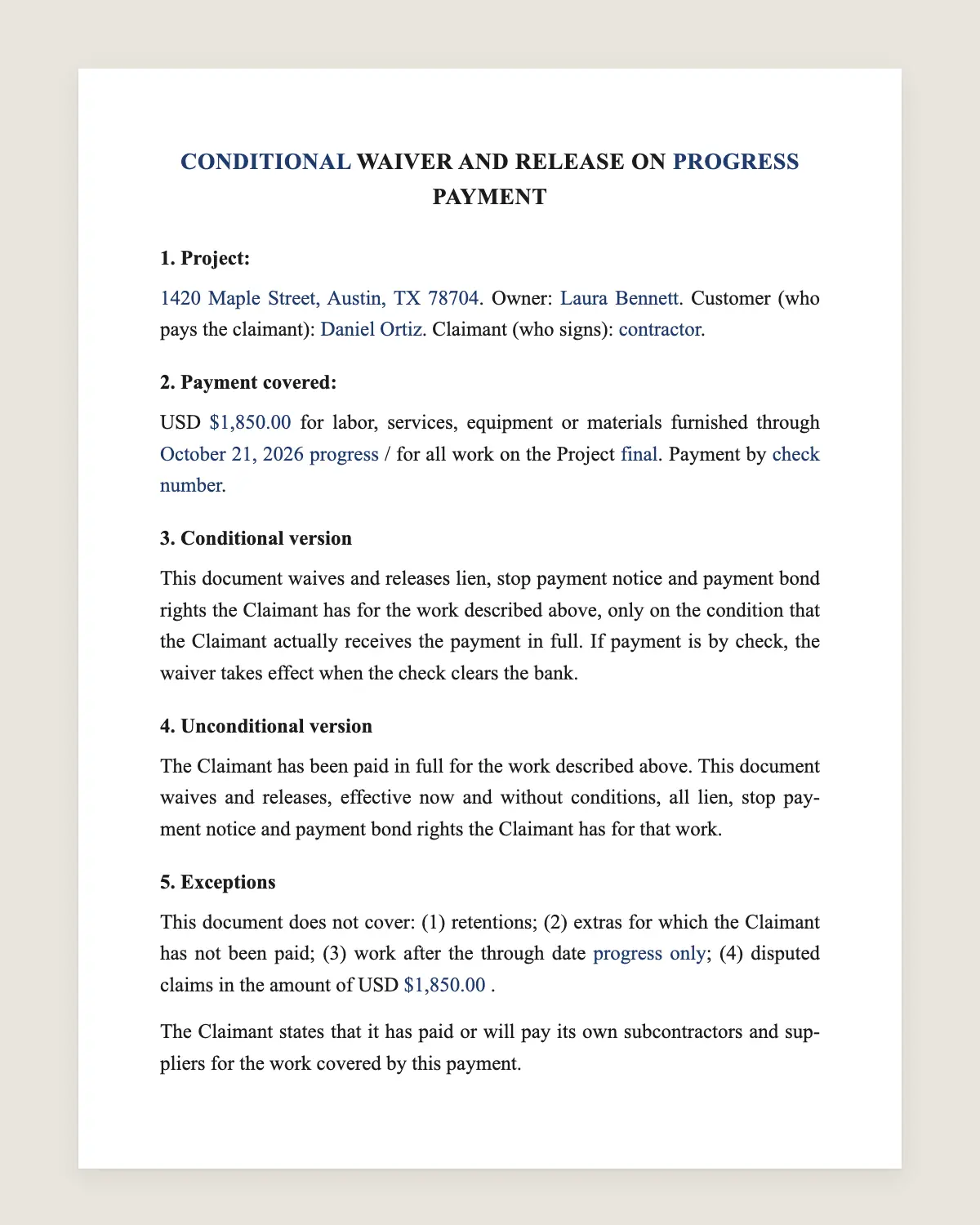 Lien waiver example, filled in with sample data