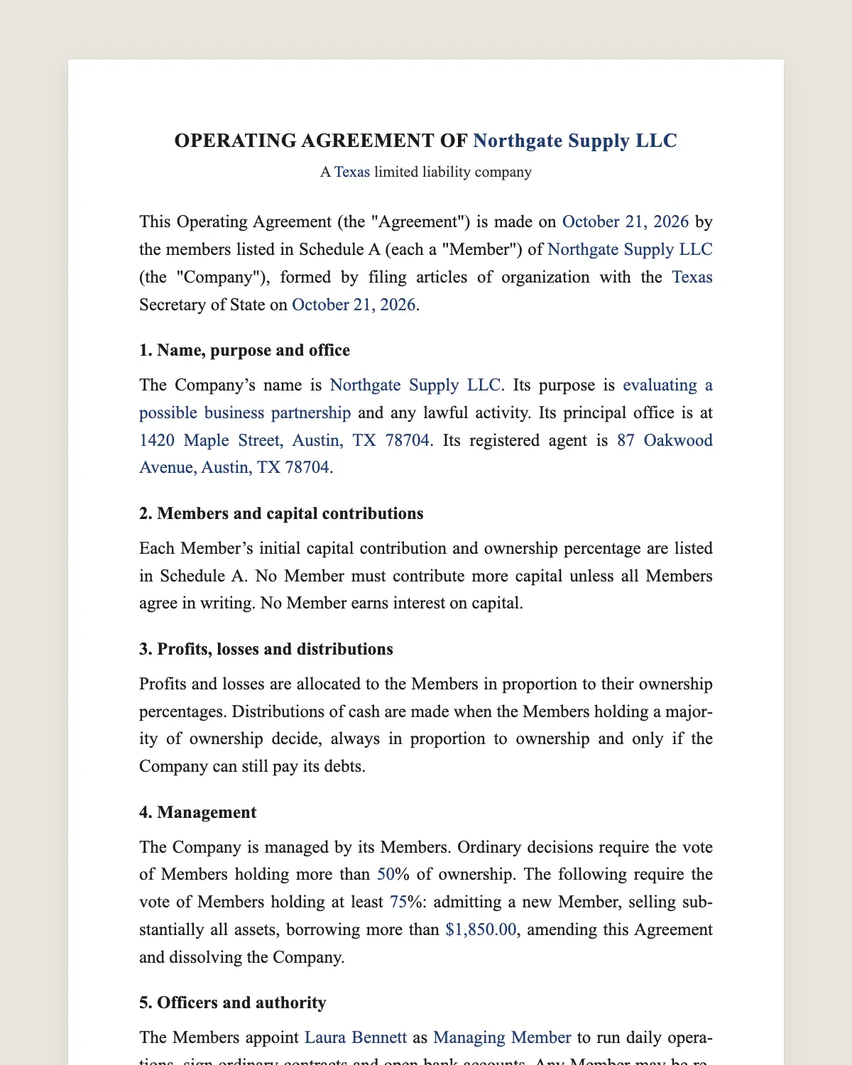 LLC operating agreement example, filled in with sample data