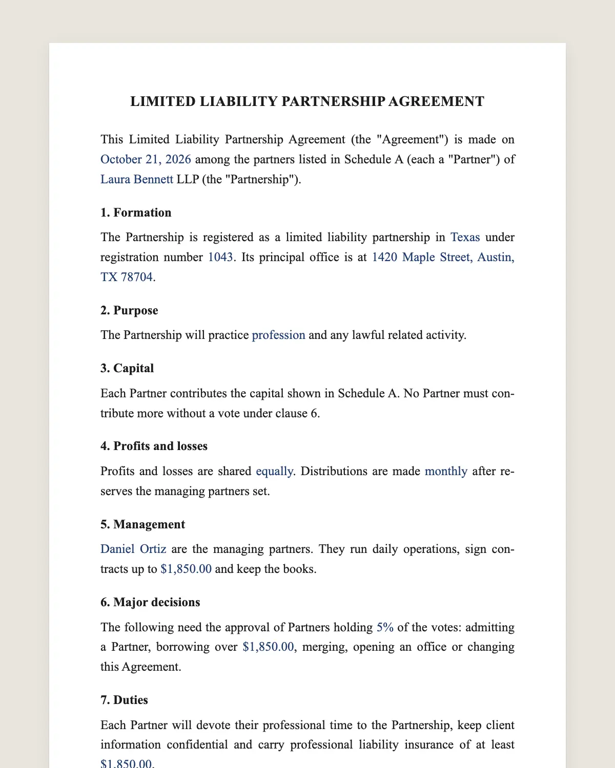 LLP agreement example, filled in with sample data