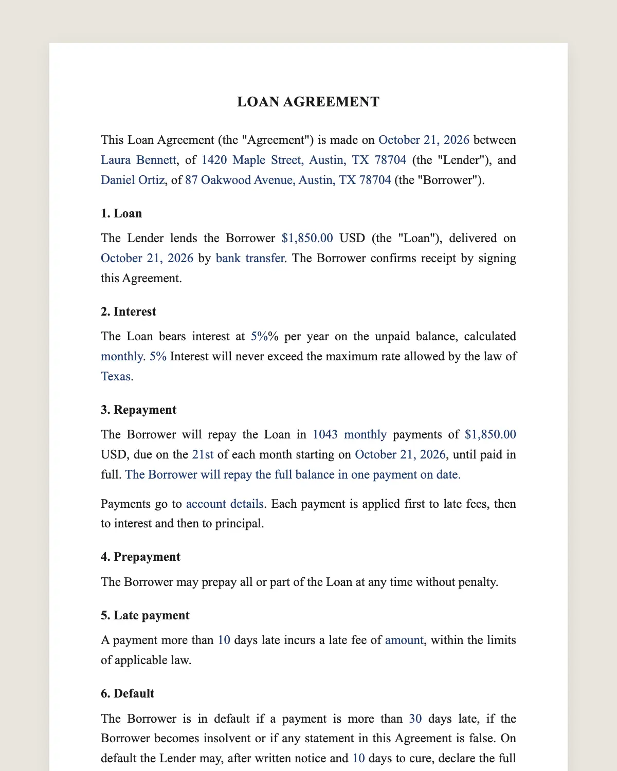 Loan agreement example, filled in with sample data