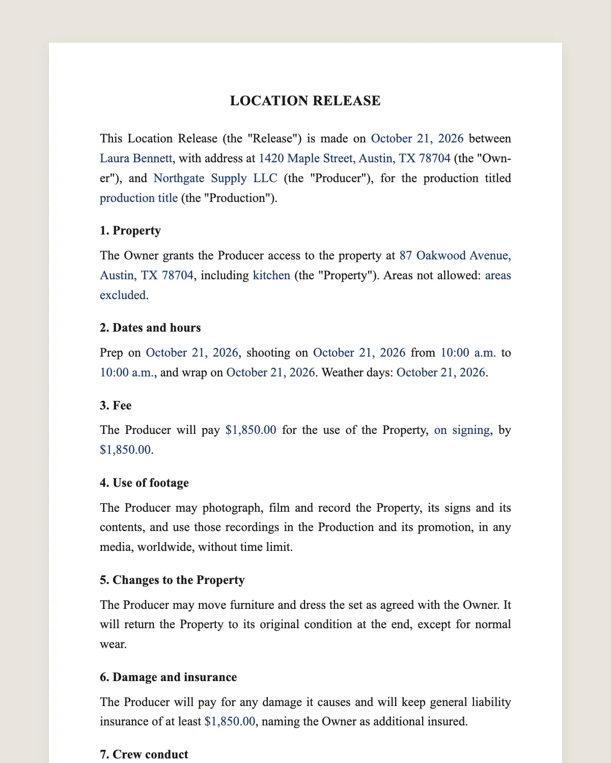 Location release form example, filled in with sample data