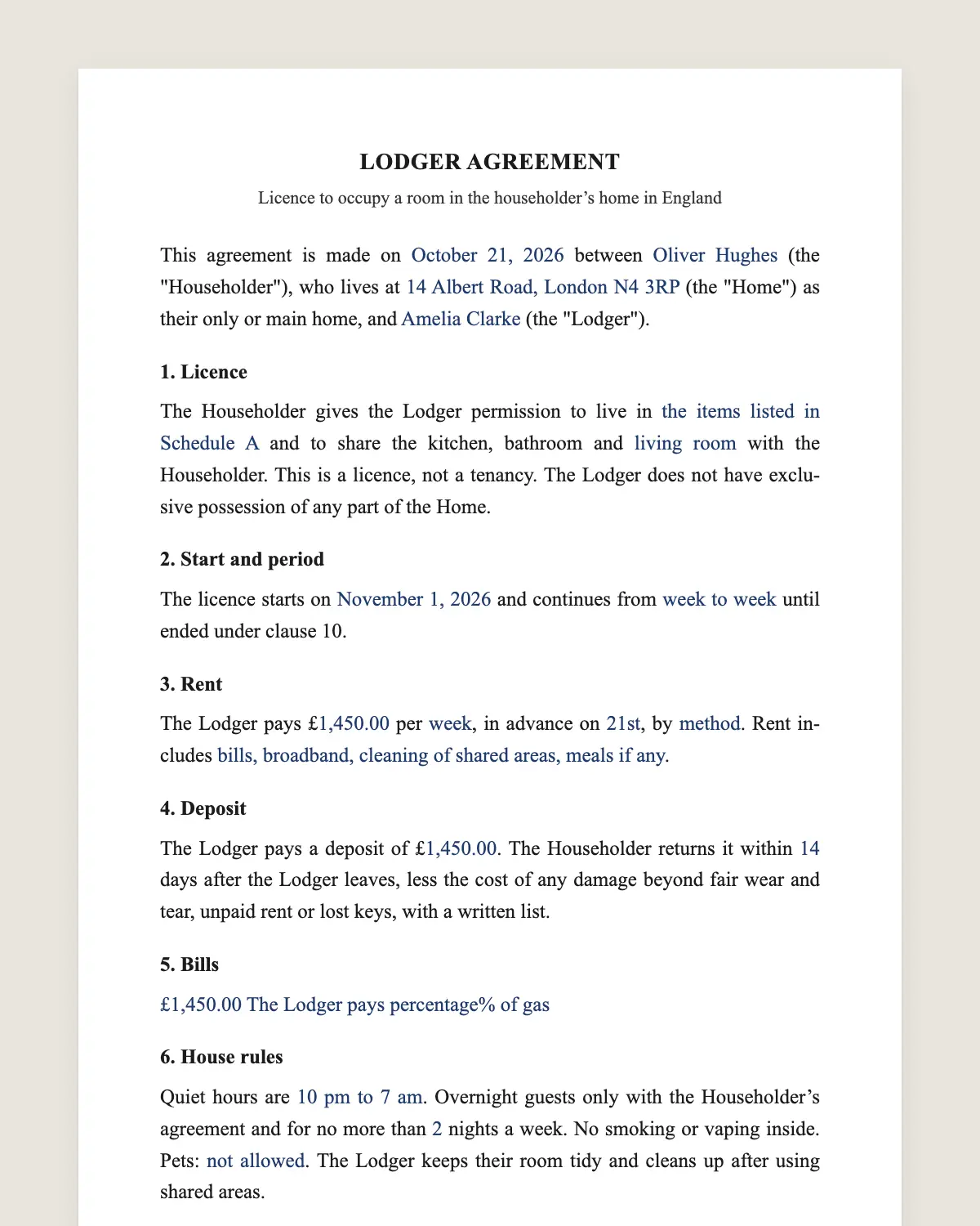 Lodger agreement example, filled in with sample data