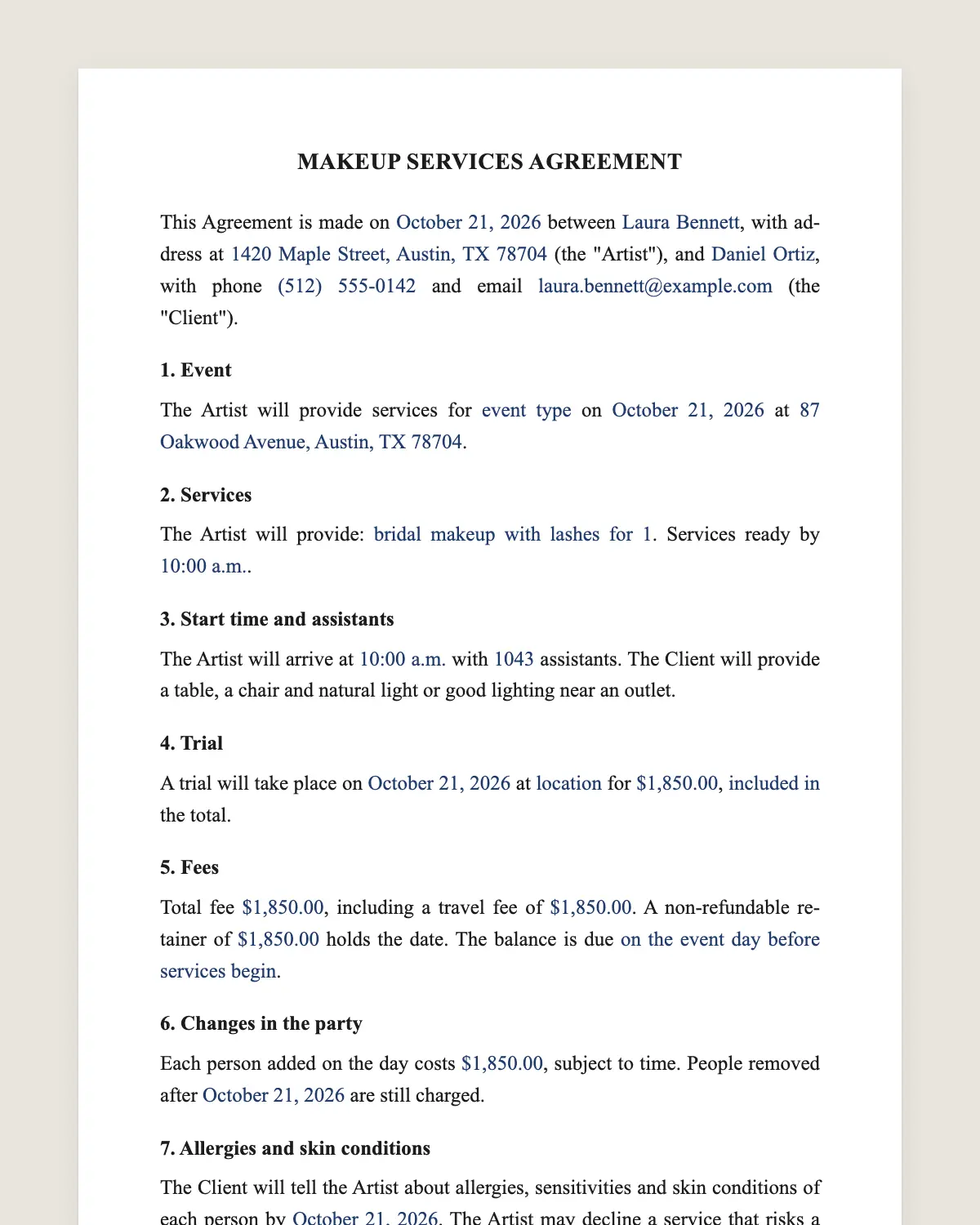 Makeup artist contract example, filled in with sample data