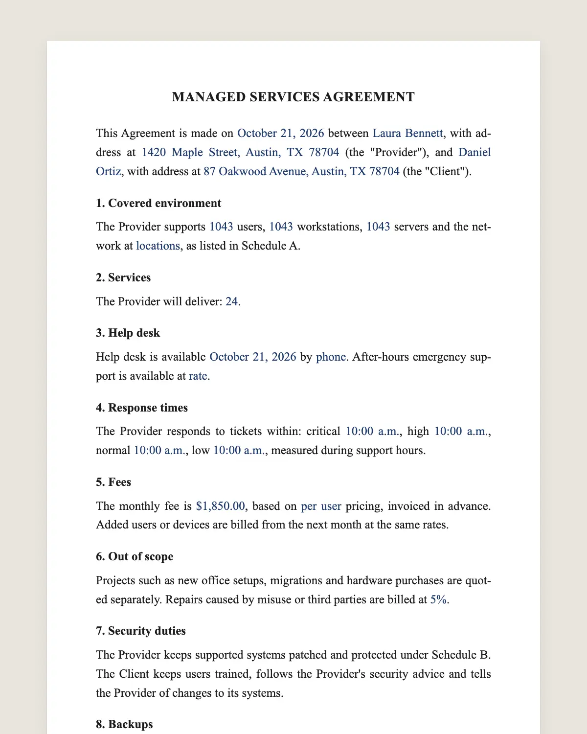 Managed services agreement example, filled in with sample data