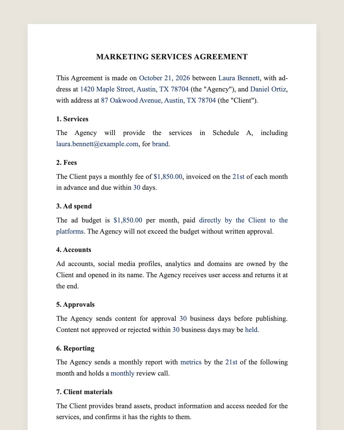Marketing services agreement example, filled in with sample data