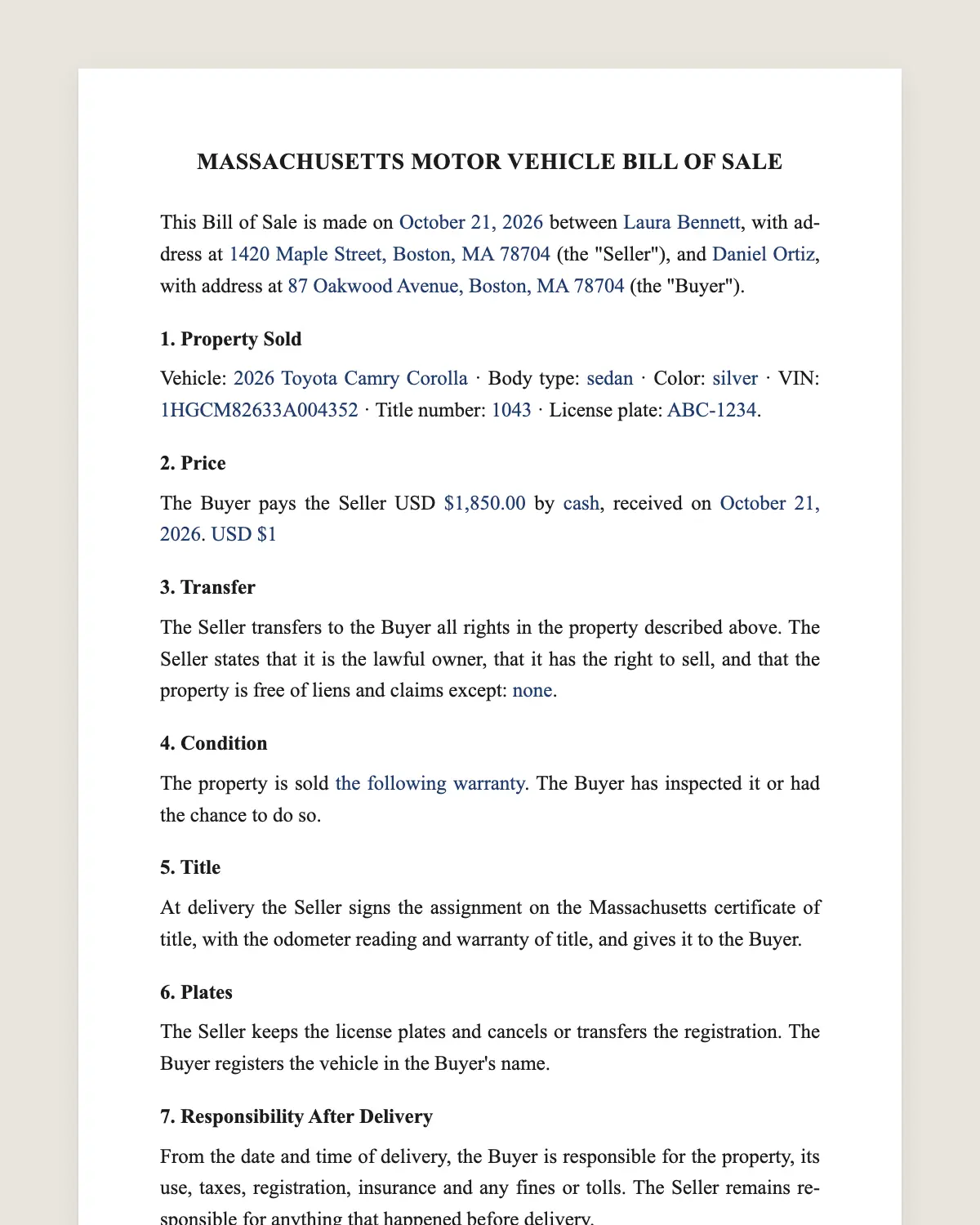 Massachusetts bill of sale example, filled in with sample data