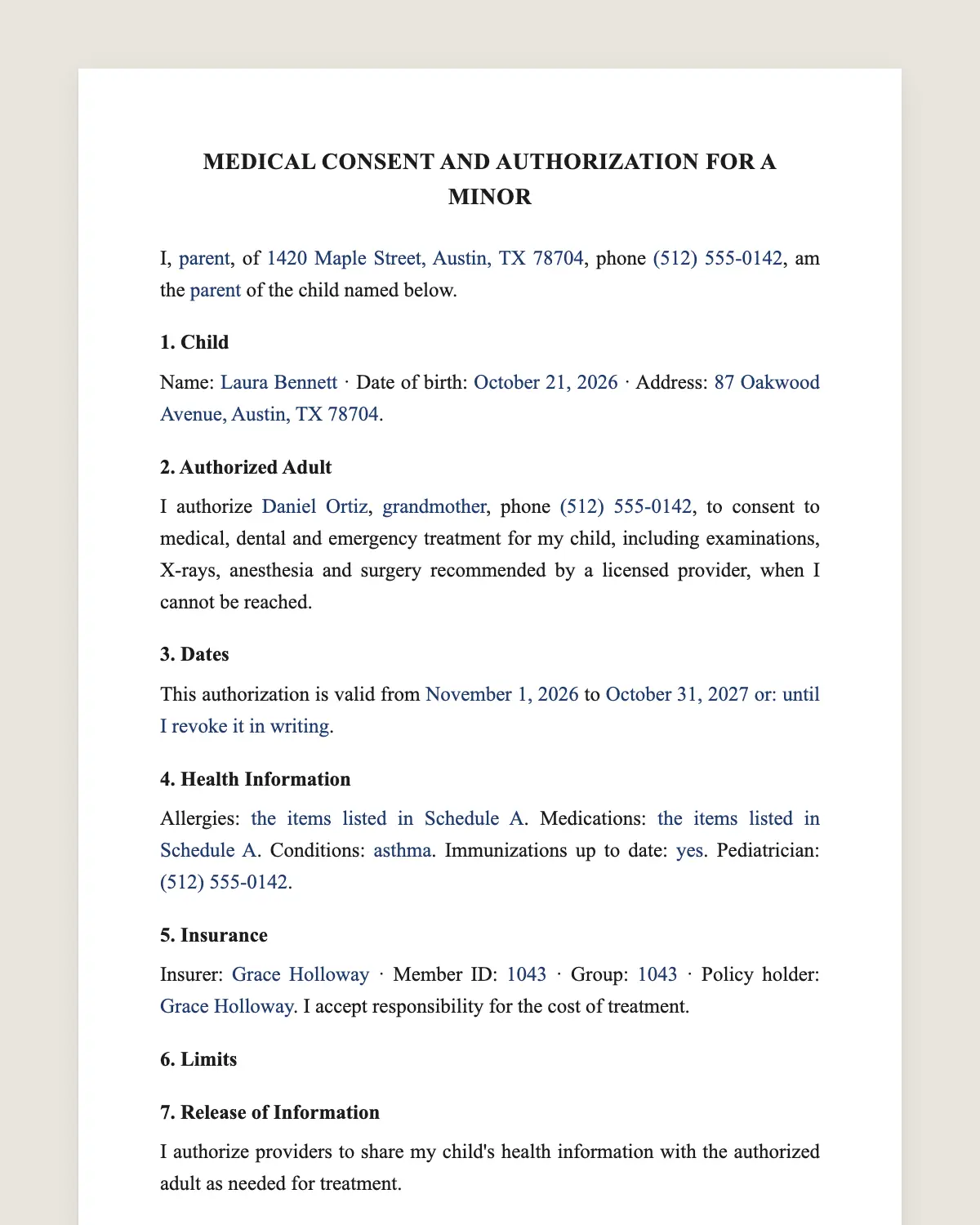 Medical consent form example, filled in with sample data