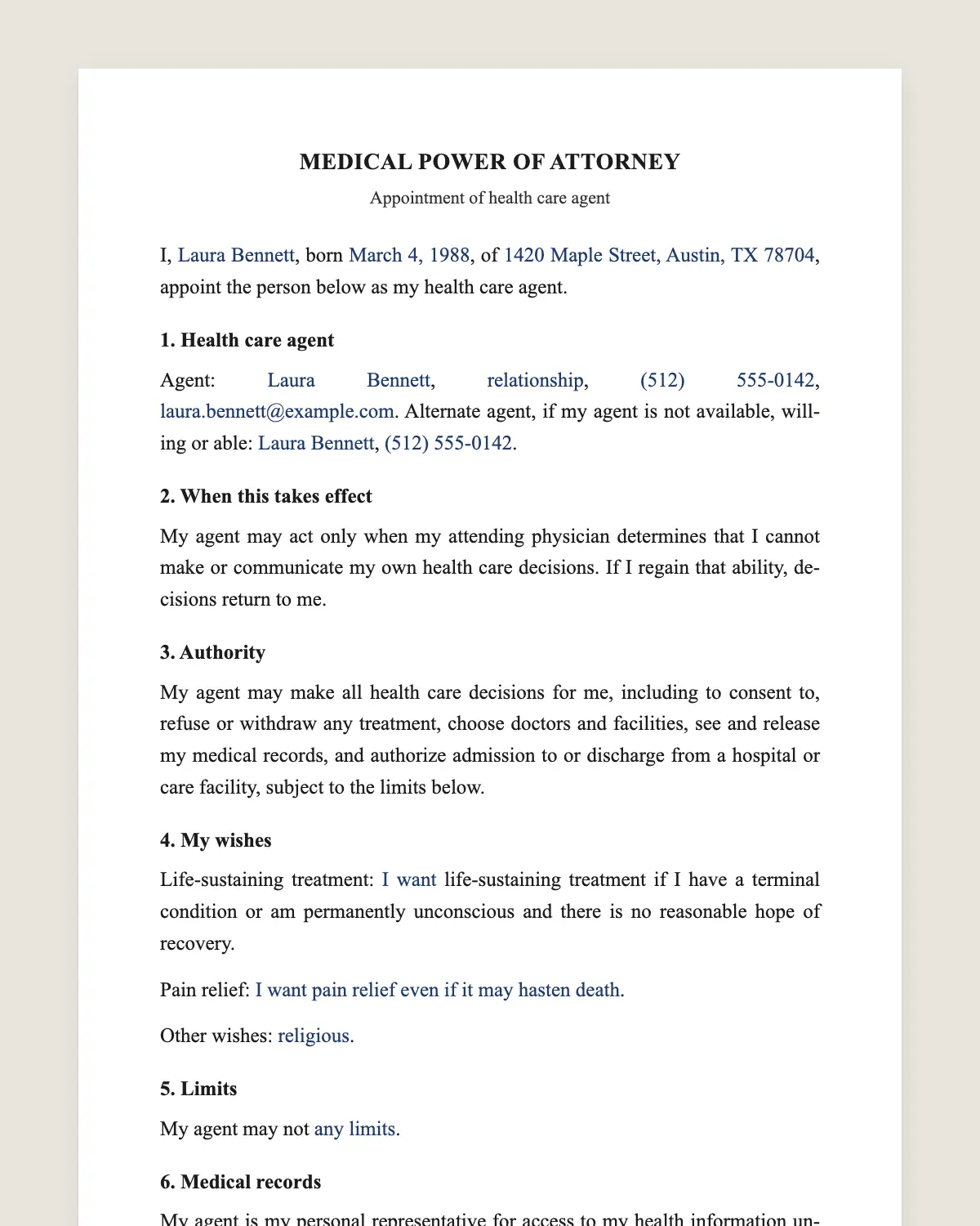 Medical power of attorney example, filled in with sample data